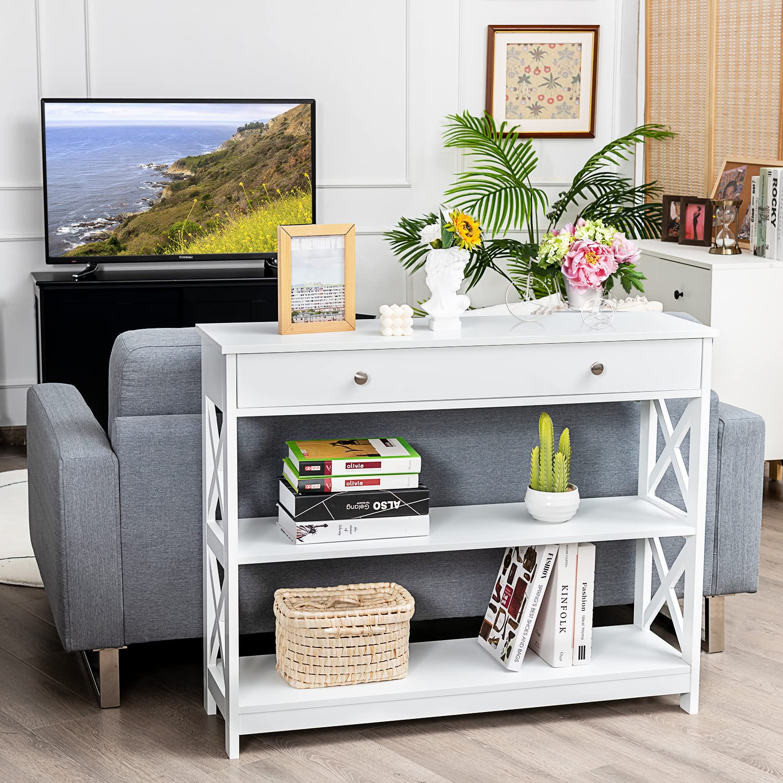 Giantex 3-Tier Console Table with Drawer & Storage Shelves - X-Design Entryway Table for Hallway, Living Room & Bedroom - White Sofa Side Table | Perfect for Small Spaces, Home Decor & Organizing Essentials