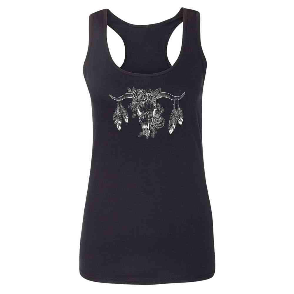 Vintage Bull Skull with Roses & Feathers Graphic Tee - Women's Retro T-Shirt | Casual Wear, Music Festivals & Boho Style Outfits