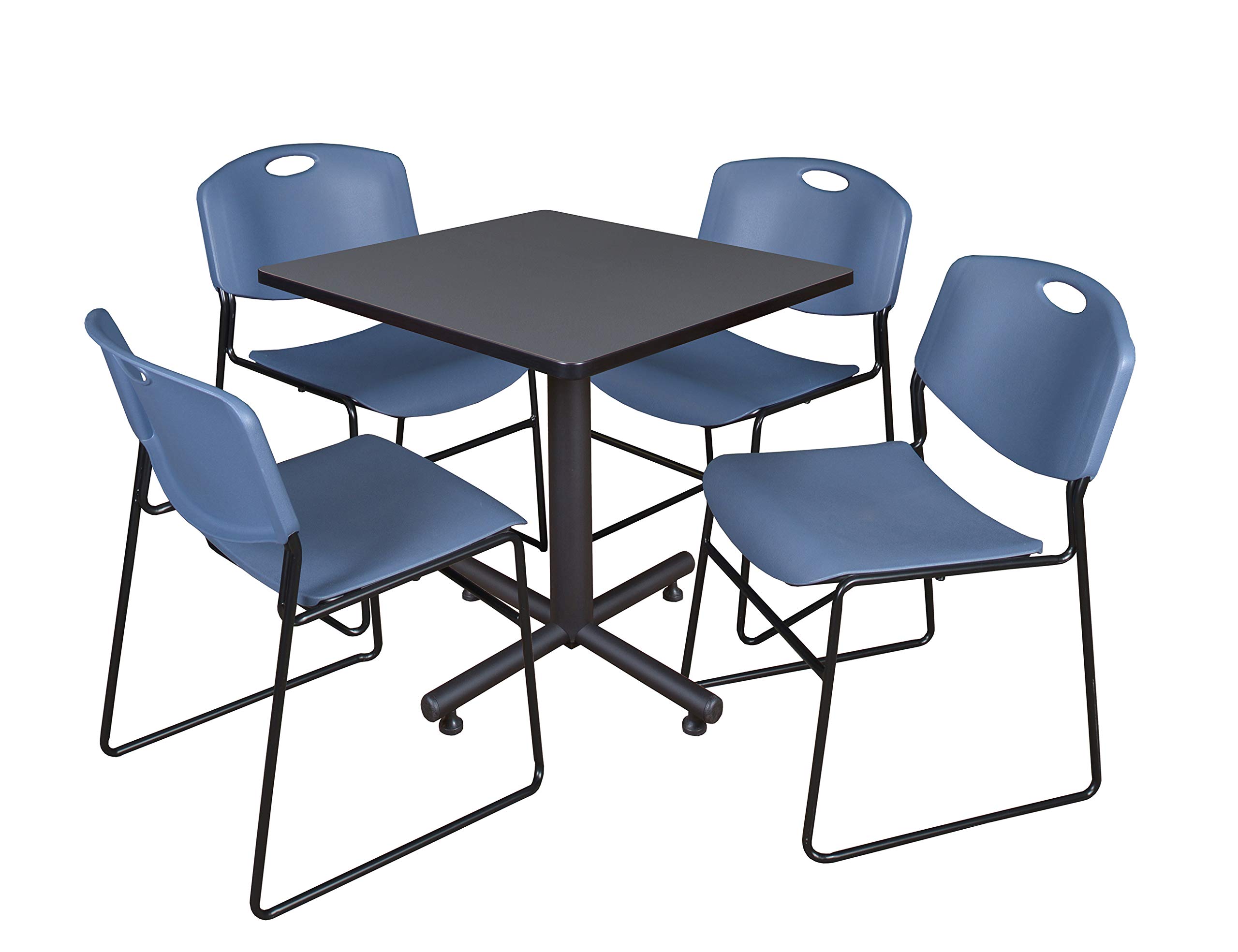 Regency 30-Inch Square Breakroom Table with 4 Zeng Stack Chairs - Grey Table & Blue Chairs for Office, Conference Room, or Home Workspace