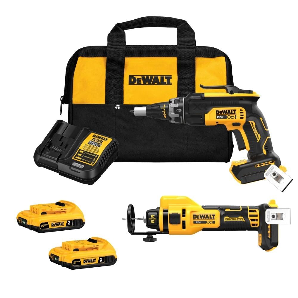 DEWALT 20V MAX XR Brushless Drywall Screw Gun & Cut-Out Tool Combo Kit with 2 Batteries, Charger (DCK265D2) - Professional Drywall Installation & Remodeling Power Tool Set for Contractors and DIY Projects