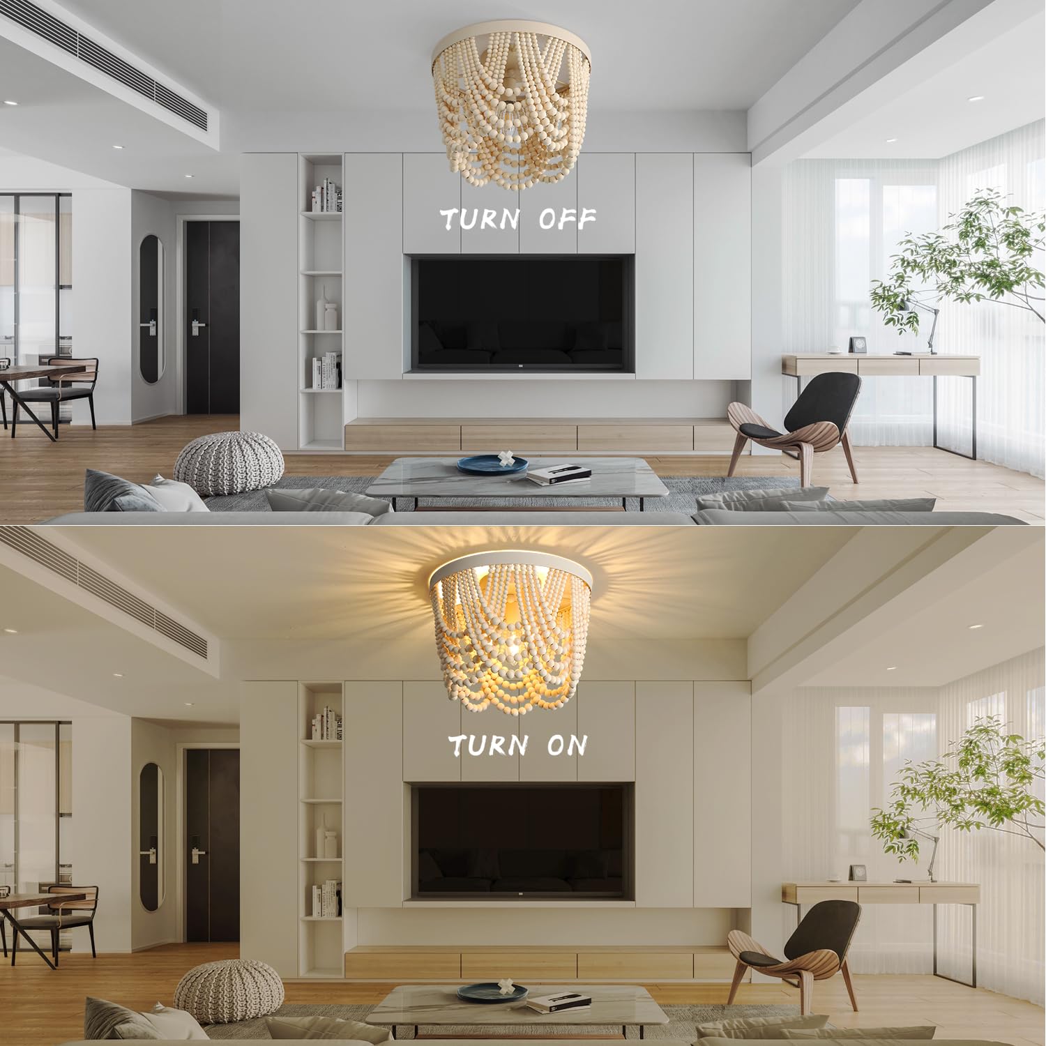 Bohemian Wood Beaded Chandelier - 3 Light Recessed Mount Ceiling Lamp in Antique Rustic Finish | Perfect for Dining Room, Bedroom, Nursery, Hallway & Entryway Decor | Creates Cozy Bohemian Ambiance