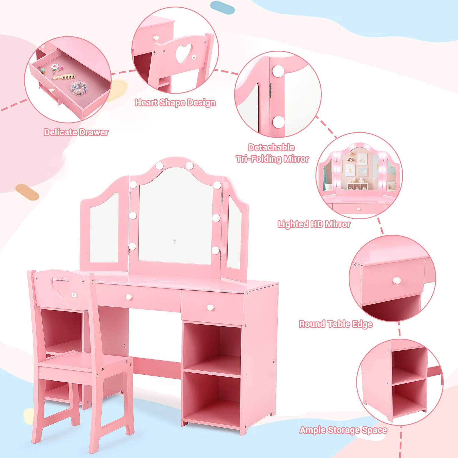 Kids Vanity with Lights & Storage - Princess Makeup Vanity Desk with Touch Light, Detachable Tri-Folding Mirror & Chair Set | 2-in-1 Wooden Toddler Vanity Table for Girls | Perfect for Bedroom Decor, Birthday Gifts & Pretend Play