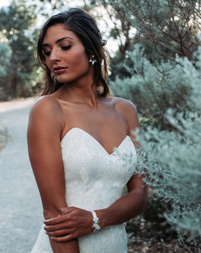 Kezani Jessica Dainty Floral Ribbon Wedding Cuff Bracelet - Elegant Bridal Jewelry for Weddings, Prom & Special Occasions