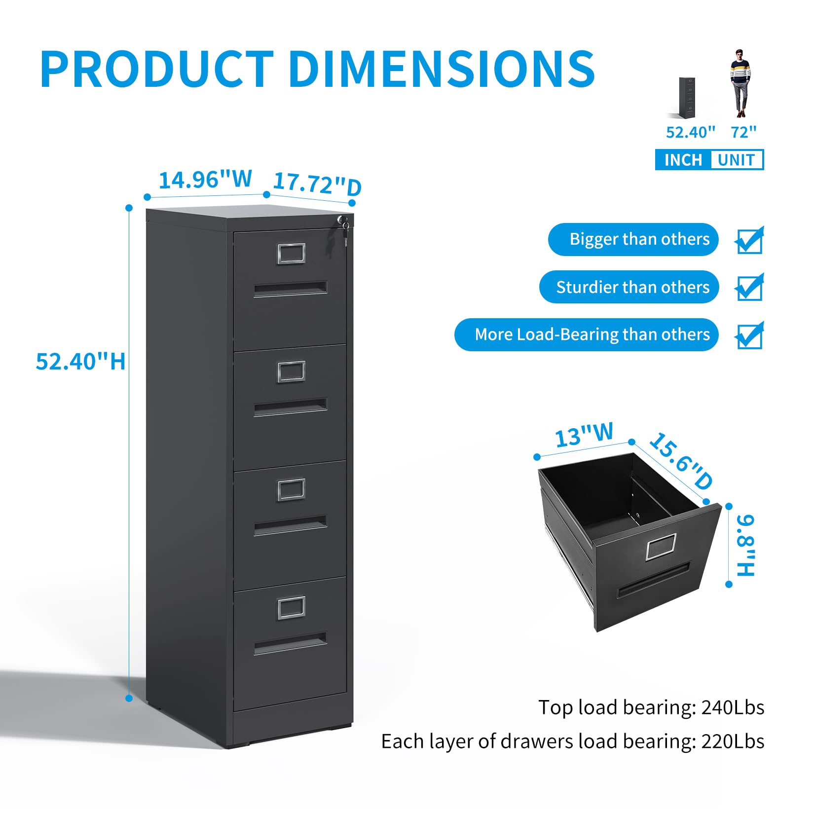 4 Drawer Black Metal File Cabinet - Vertical Locking Steel Filing Cabinet for Legal/Letter/A4/F4 Documents - Home Office Storage Solution - Easy to Assemble (Black) - Perfect for Organizing Office Files, Tax Records, and Important Documents