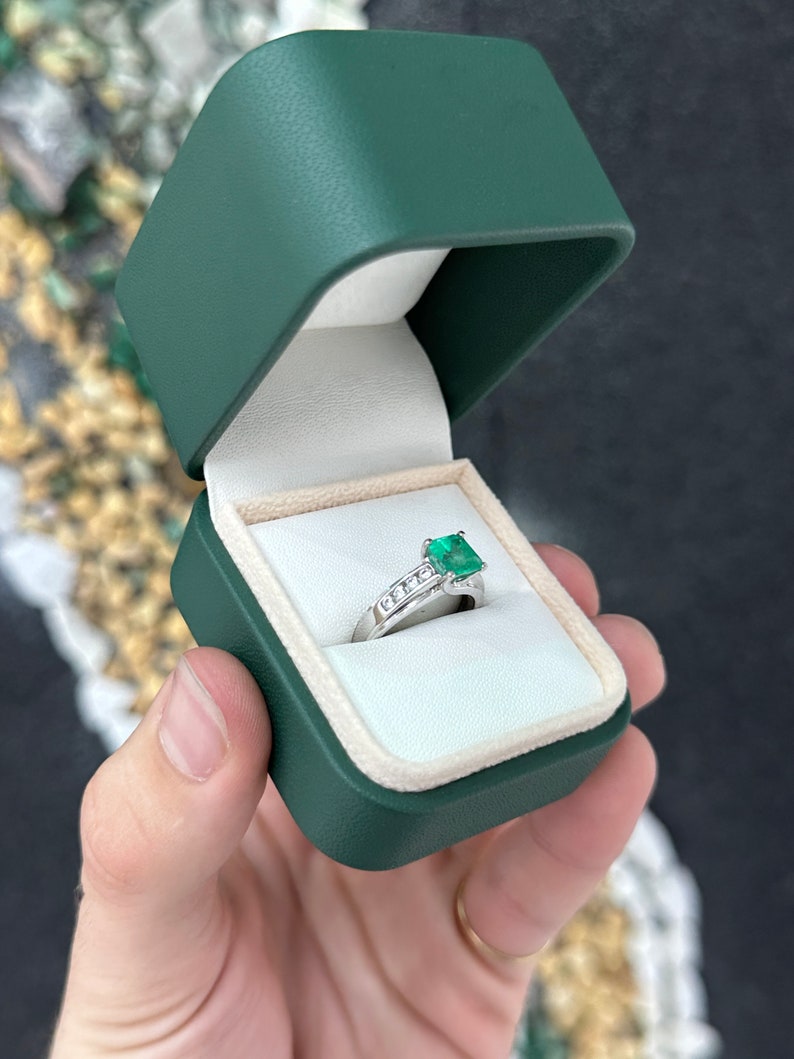 1.74 Carat 14K White Gold Natural Emerald Solitaire Ring with Diamond Accents - Elegant Engagement, Wedding, Anniversary Gift for Women