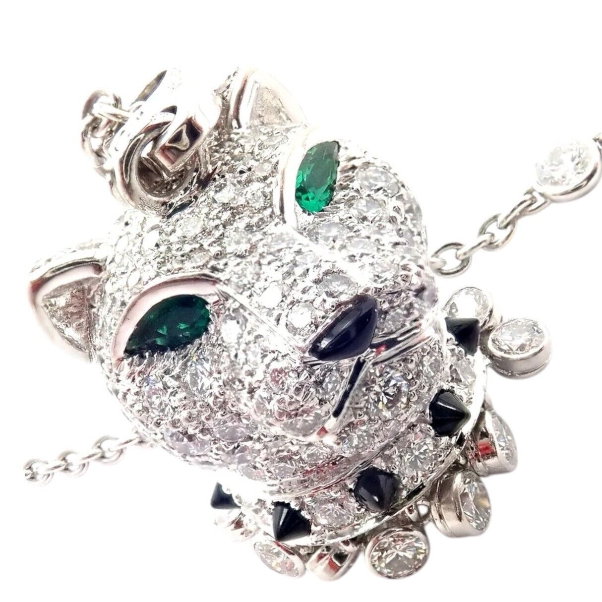 Authentic Cartier Panther 18k White Gold Diamond Emerald Onyx Pendant Necklace - Luxury Jewelry Gift for Women, Perfect for Weddings & Special Occasions