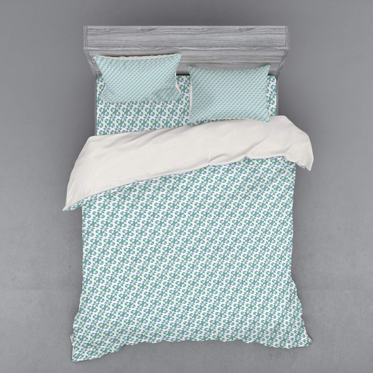 Ambesonne 4-Piece Geometric Duvet Cover Set - 3D Cube Illusion Design with Small Squares, Queen Size Bedding Set with Shams & Fitted Sheet in Reseda Green, Slate Blue & White | Modern Home Decor for Bedroom, Guest Room & Dorm