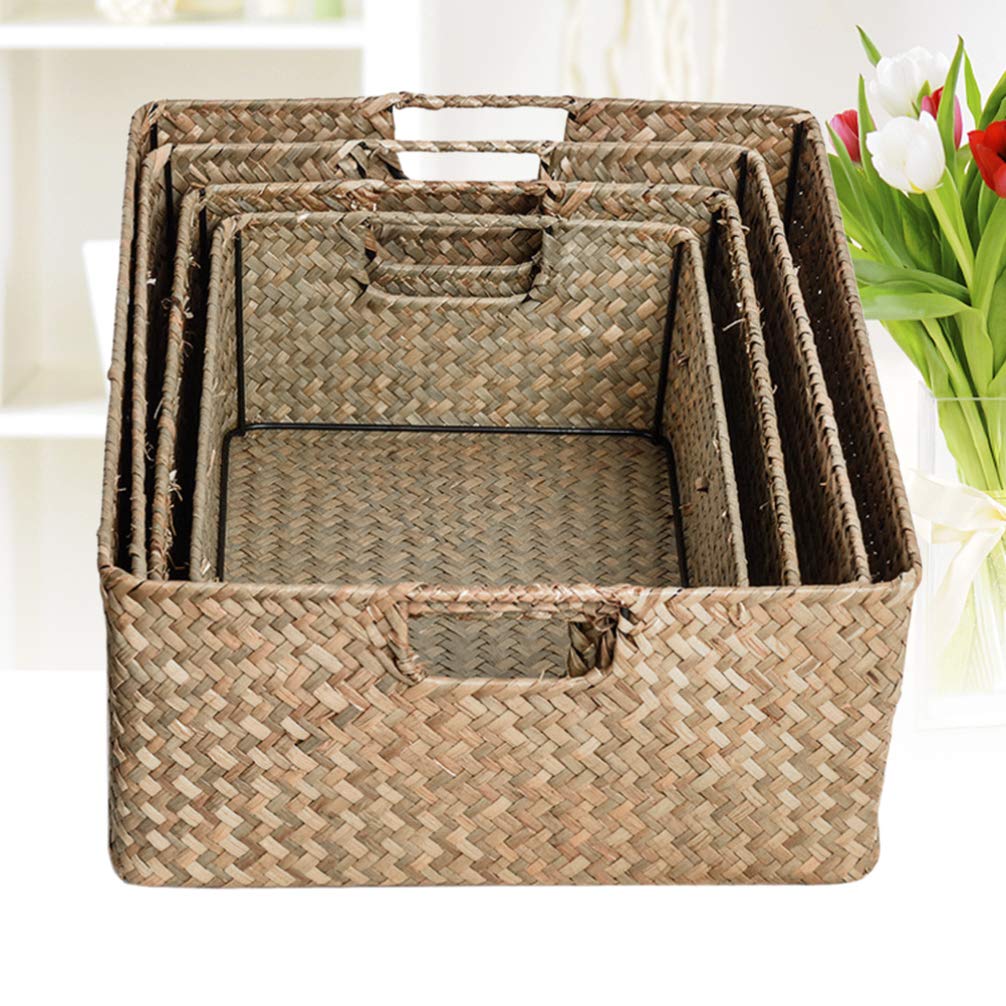 4-Piece Rectangular Wicker Storage Baskets with Handles - Seaweed Makeup Organizer Set for Cosmetics, Toys & Sundries | Perfect for Bedroom, Bathroom, Wardrobe & Home Organization