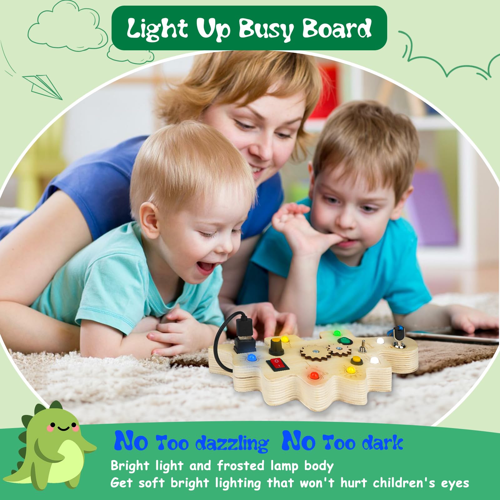 Montessori Busy Board for Toddlers 1-3 - Wooden LED Dinosaur Sensory Toy | Perfect Gift for Boys & Girls