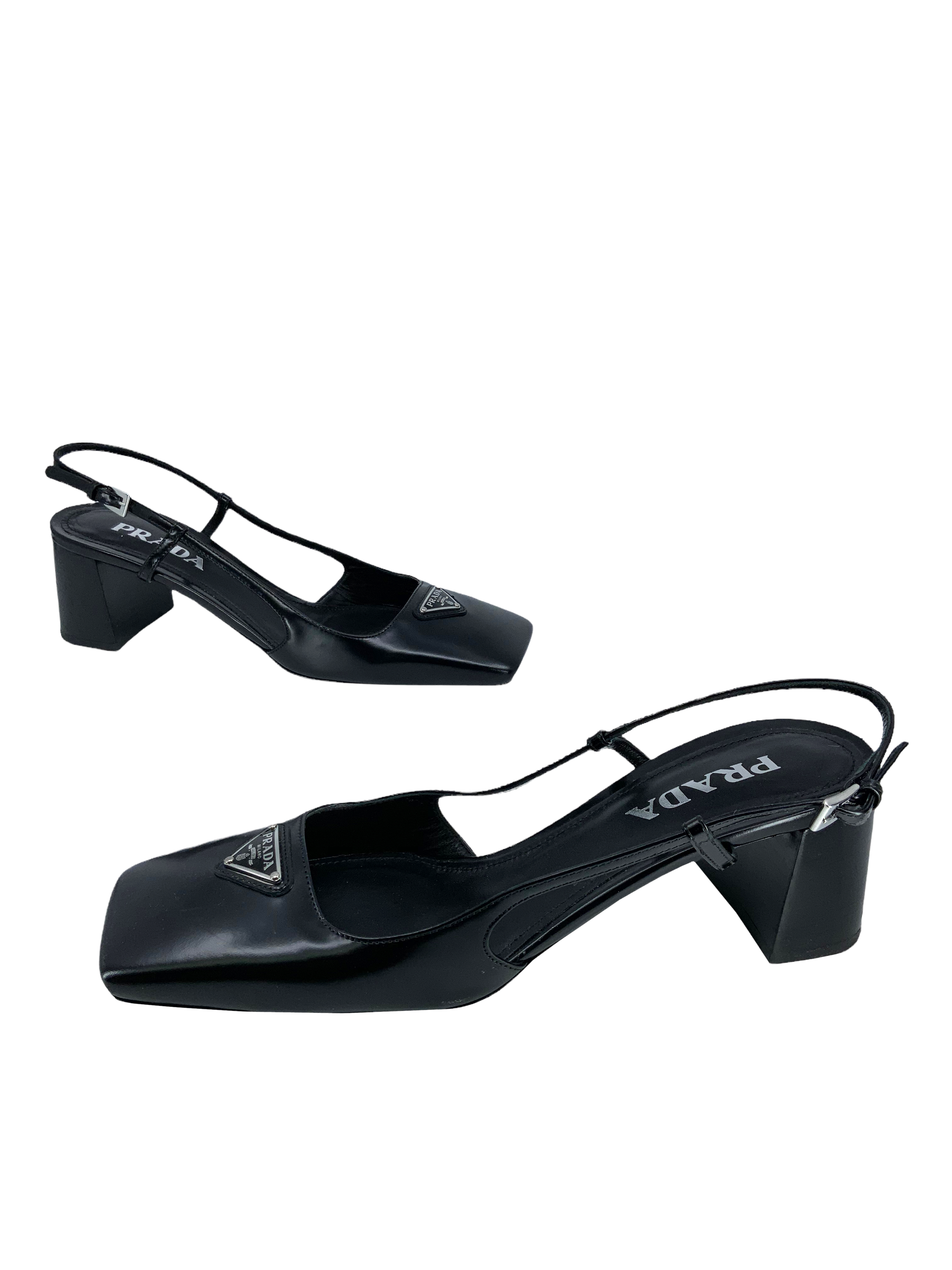 Prada Leather Slingback Pumps with Logo - Square Toe Heels for Women, Size 9 | Perfect for Office, Parties & Special Occasions