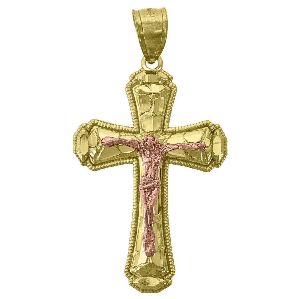 14K Gold Two-Tone Nugget Cross Crucifix Pendant Necklace for Men - 39.7mm Religious Jewelry Gift - Perfect for Church, Weddings & Special Occasions