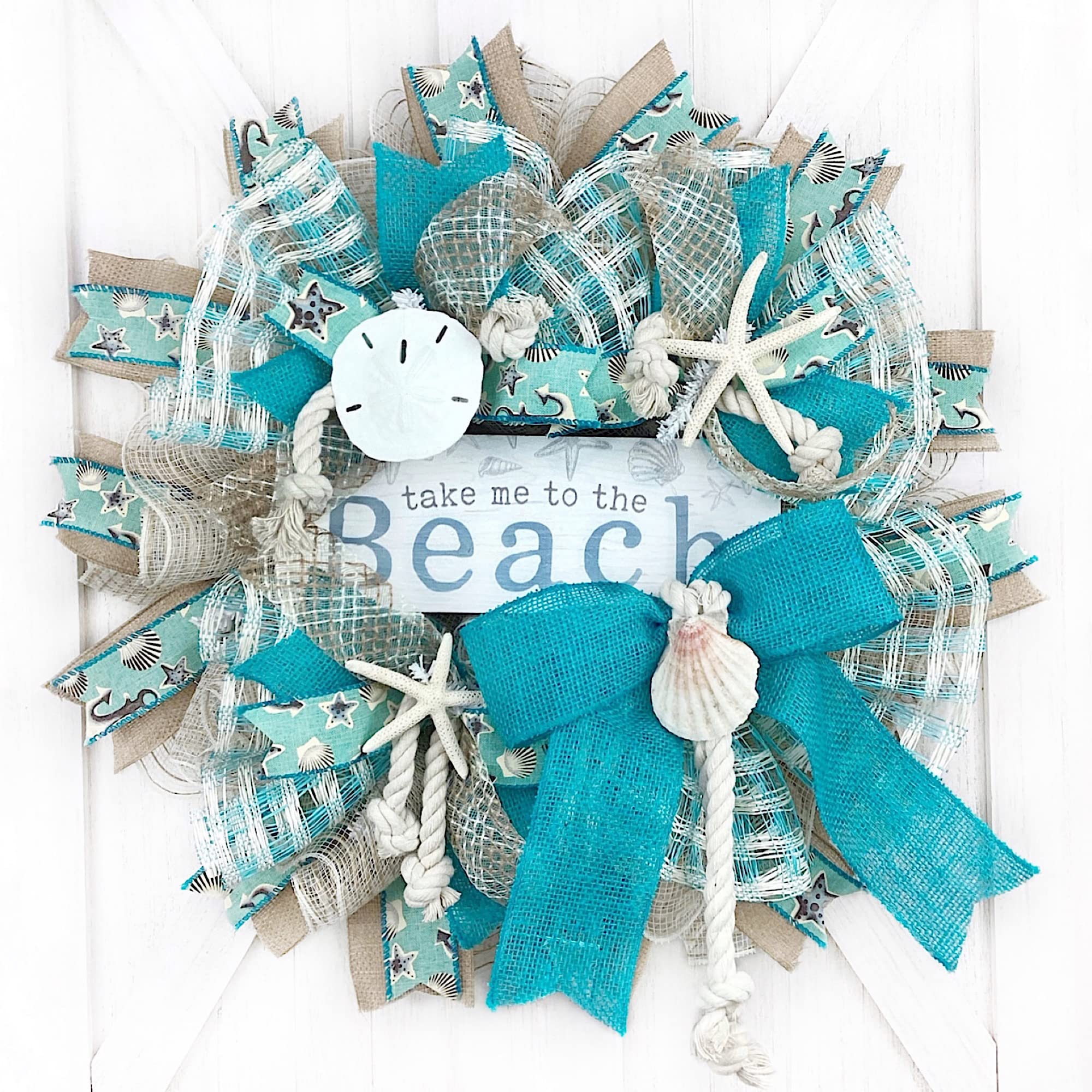 Handmade Coastal Beach Wreath with White Sand Deco Mesh, Starfish, Shells & Sand Dollars - Perfect for Porch, Door Decor & Summer Home Decorating