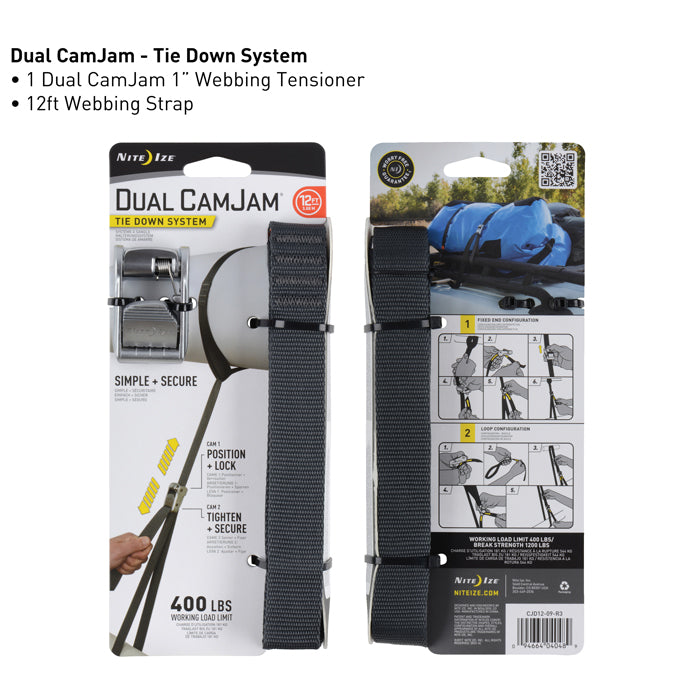 Nite Ize Dual Cam Jam Adjustable Bungee Tie Down with 12' Strap - Perfect for Camping, Hiking, and Outdoor Gear Organization