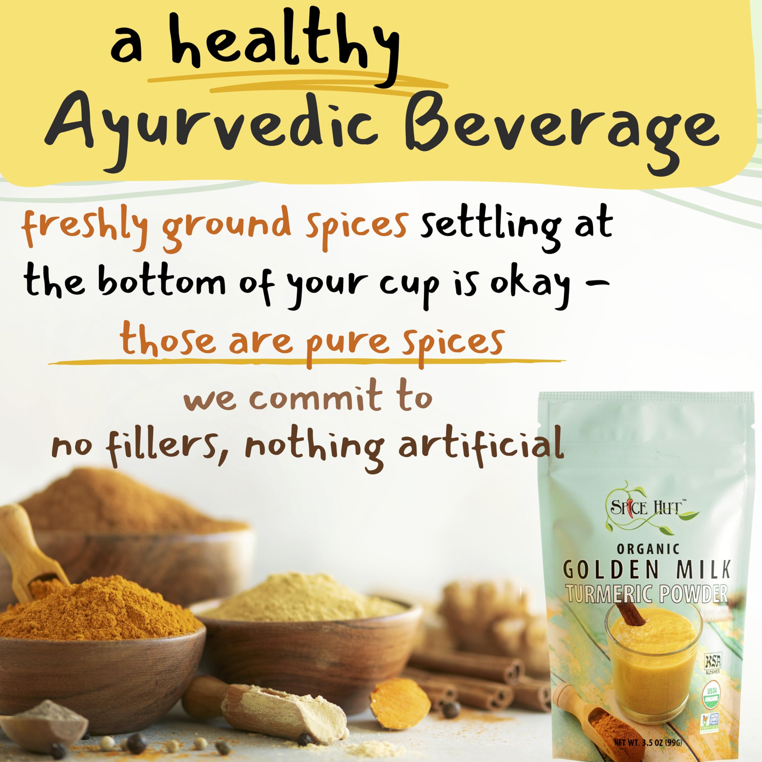 Organic Golden Milk Turmeric Powder with Ginger - All Natural, No Added Sugar, Vegan, Gluten-Free - 3.5 oz for Golden Milk Lattes, Tea, Smoothies & Wellness Drinks - The Spice Hut Premium Spice Blend
