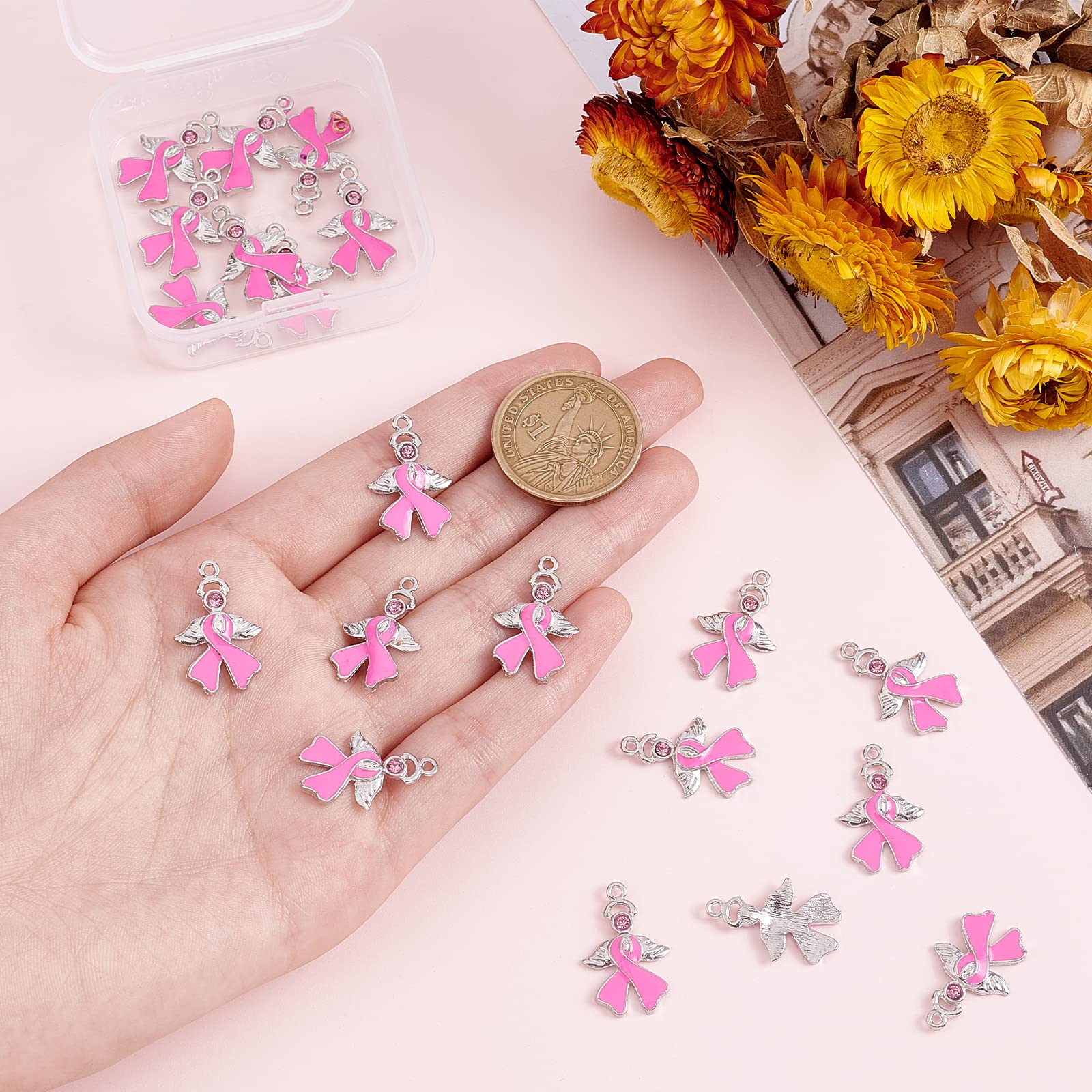 20PCS Pink Ribbon Charms with Angel Wings - Breast Cancer Awareness Jewelry Supplies for Necklace, Bracelet, Lapel Pin Making - Perfect for Fundraising Events, Support Gifts & Craft Projects