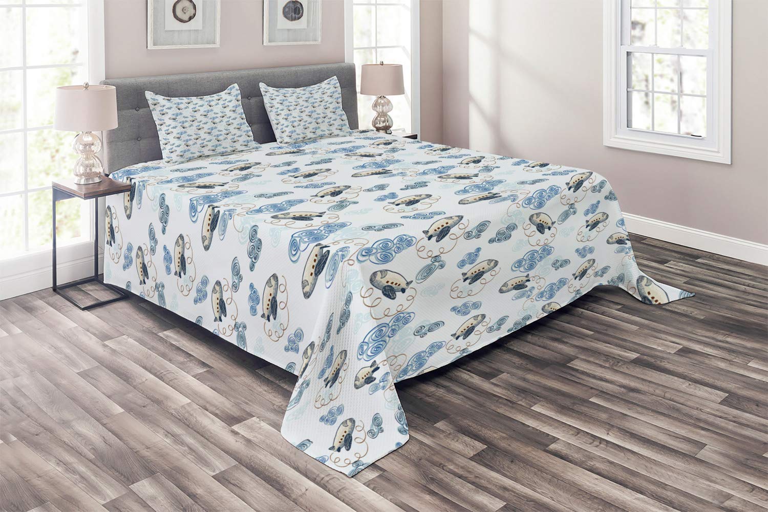 Ambesonne Airplane Quilt Set - Hand Drawn Sky Design with Clouds, 3-Piece King Size Bedspread & 2 Pillow Shams, Dark Blue Grey Eggshell - Perfect for Aviation Themed Bedrooms & Travel Enthusiasts