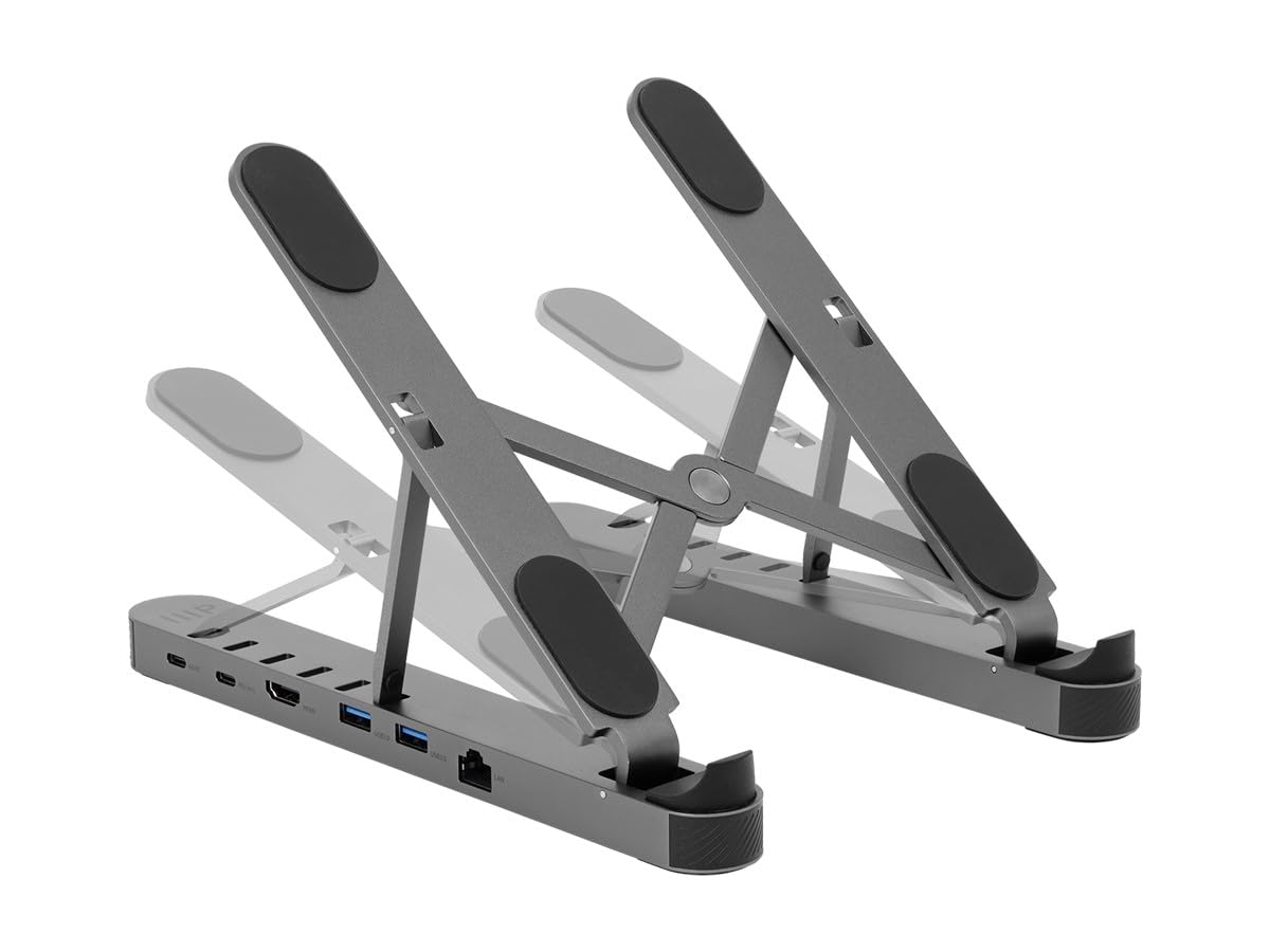 Monoprice 6-in-1 Portable Folding Laptop Stand with USB-C Docking Station - 4K HDMI, Gigabit Ethernet, Adjustable Angles, Multi-Port Hub for MacBook, Dell, HP - Perfect for Home Office, Remote Work & Travel