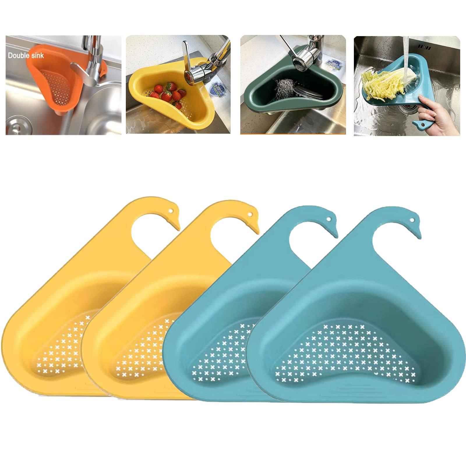 **4-Piece Swan Drain Basket Set for Kitchen Sink - Blue & Yellow Triangular Sink Strainer with Hanging Shelf, Universal Fit for Most Sinks | Perfect for Washing Dishes, Draining Fruits & Vegetables**