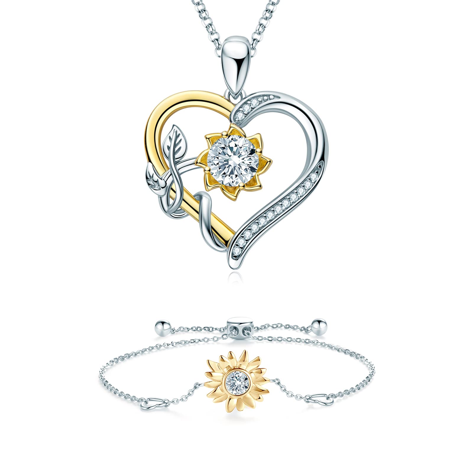 AINUOSHI Sterling Silver Moissanite Sunflower Necklace & Bracelet Set for Women - Elegant Diamond Jewelry Gift for Her, Mom, Wife, Girlfriend | Perfect for Birthdays, Anniversaries, Mother's Day & Special Occasions