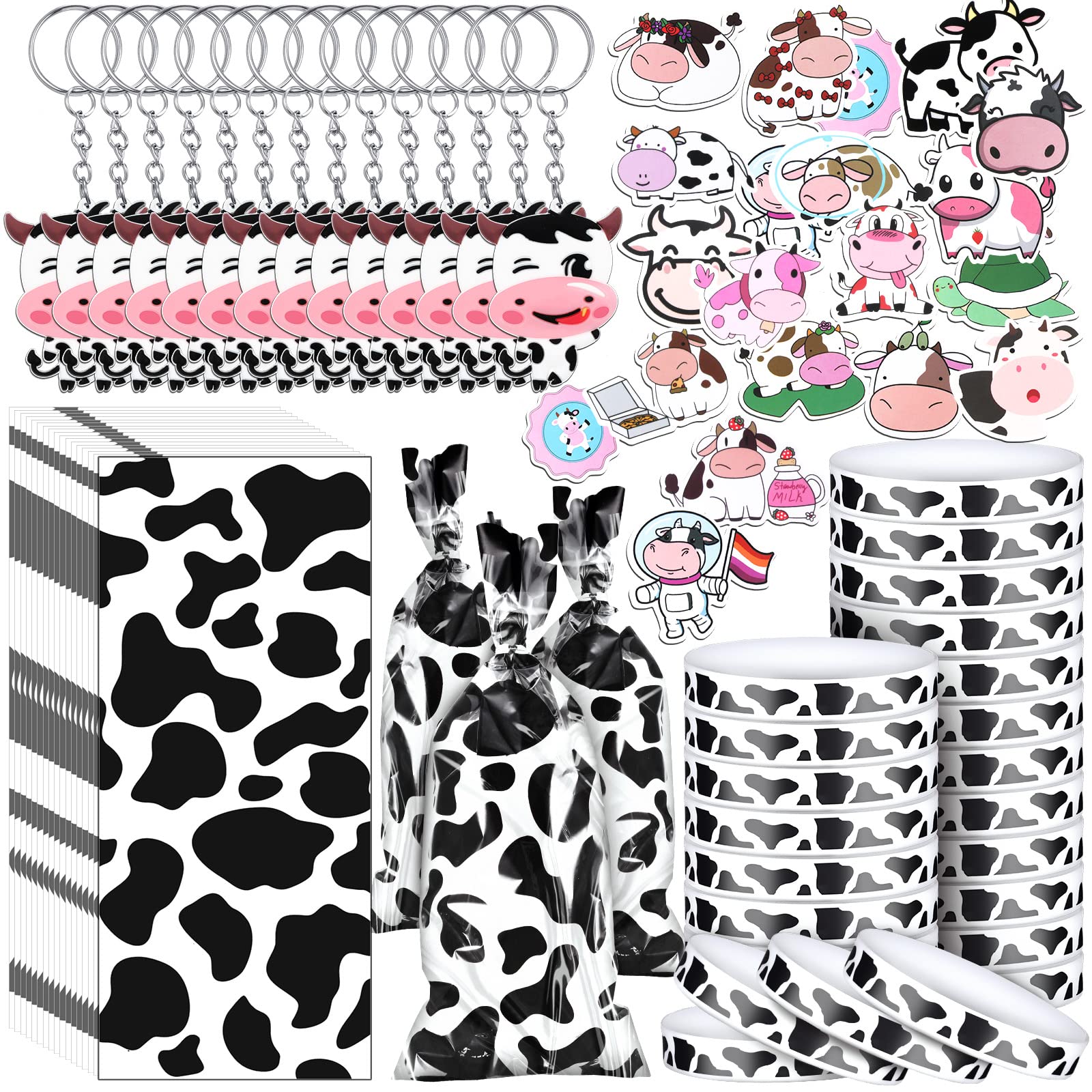 Chunful 148 Pcs Cow-Themed Party Favors Kit - Includes Cute Cow Keychains, Printed Gift Bags, Silicone Bracelets & Animal Stickers for Girls Birthday Party, Baby Shower & Cowboy Theme Events (White)