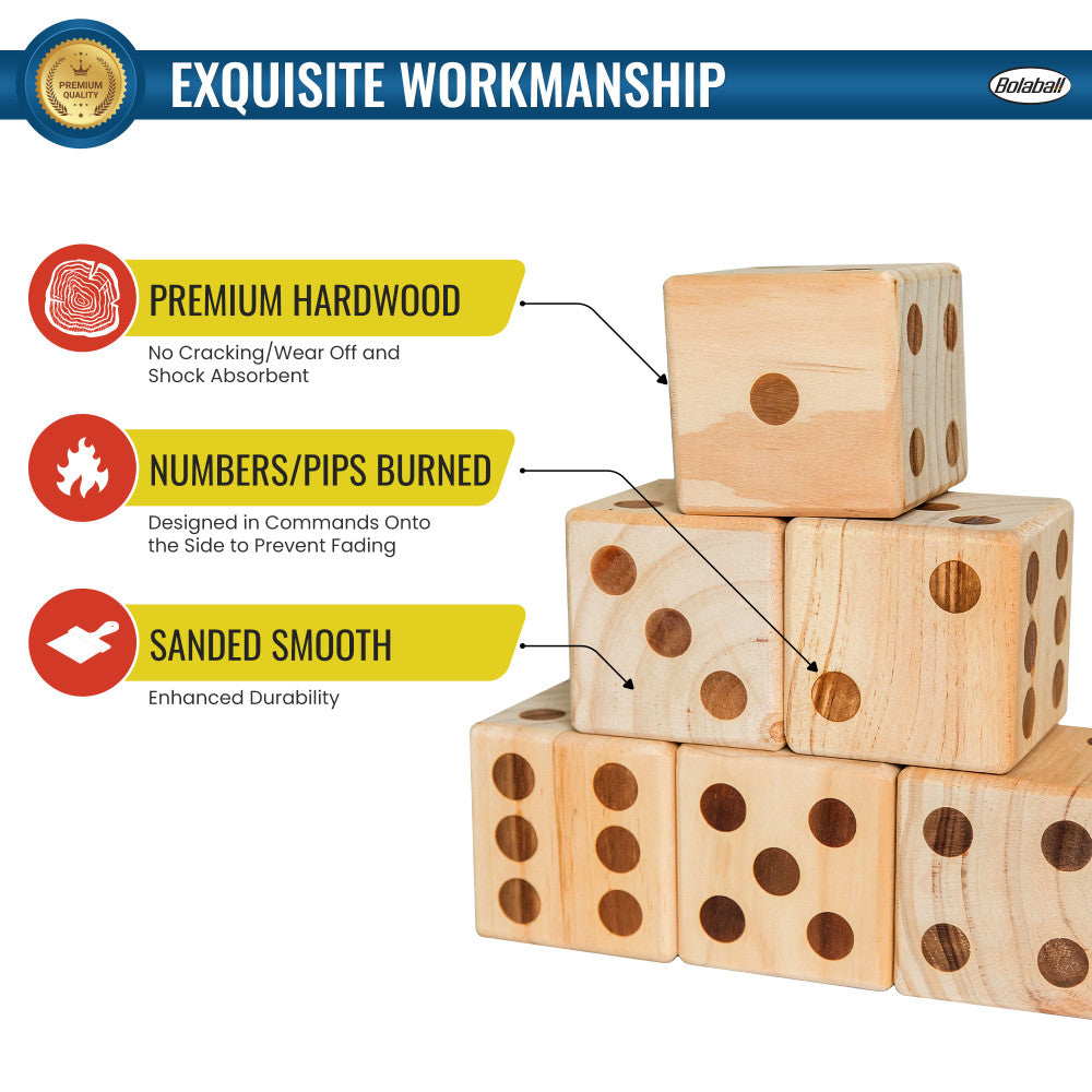 Bolaball Giant Wooden Yard Dice Set - 6 Premium Large Outdoor Dice with Carry Bag for Backyard Games, Camping, Parties & Family Fun