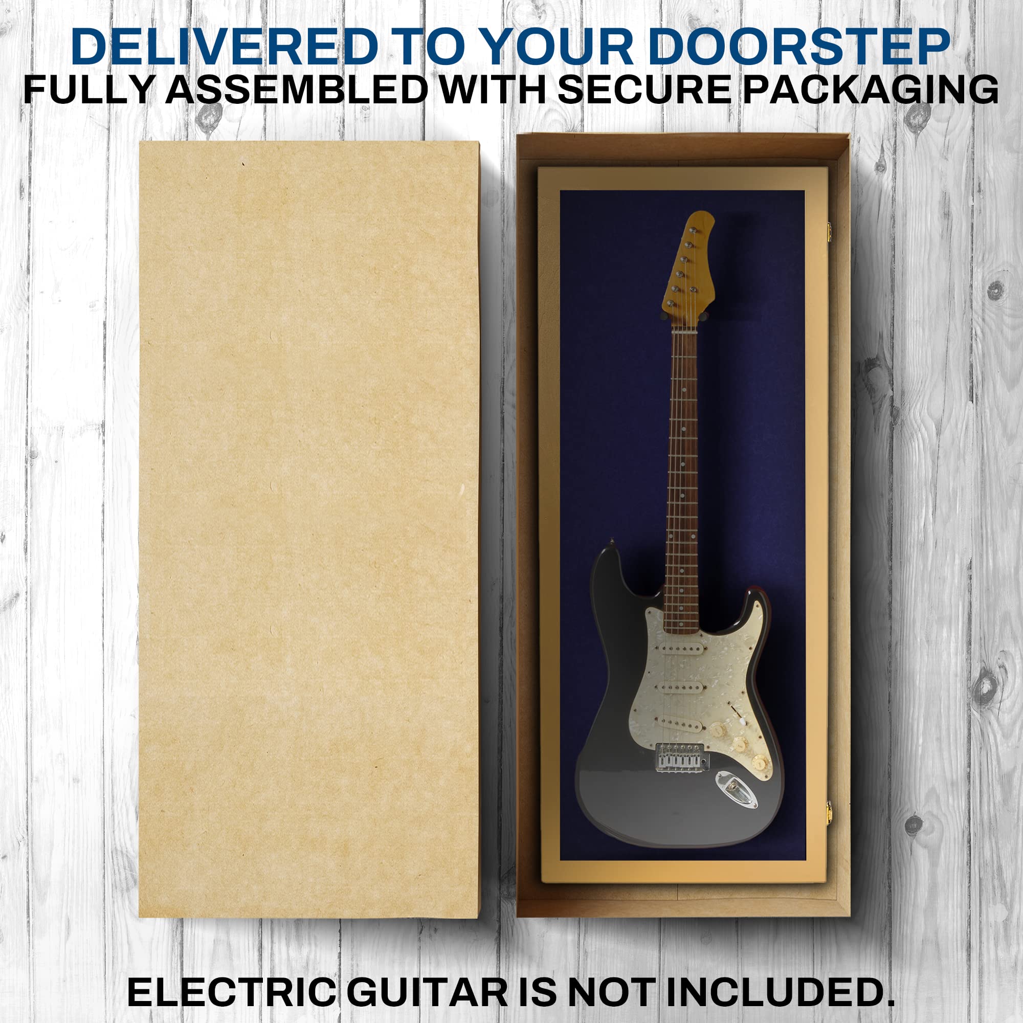Premium Acrylic Electric Guitar Display Case with Hardwood Frame - Wall Mount Guitar Case in Golden Oak & Blue Felt - Perfect for Home, Studio & Music Store Displays