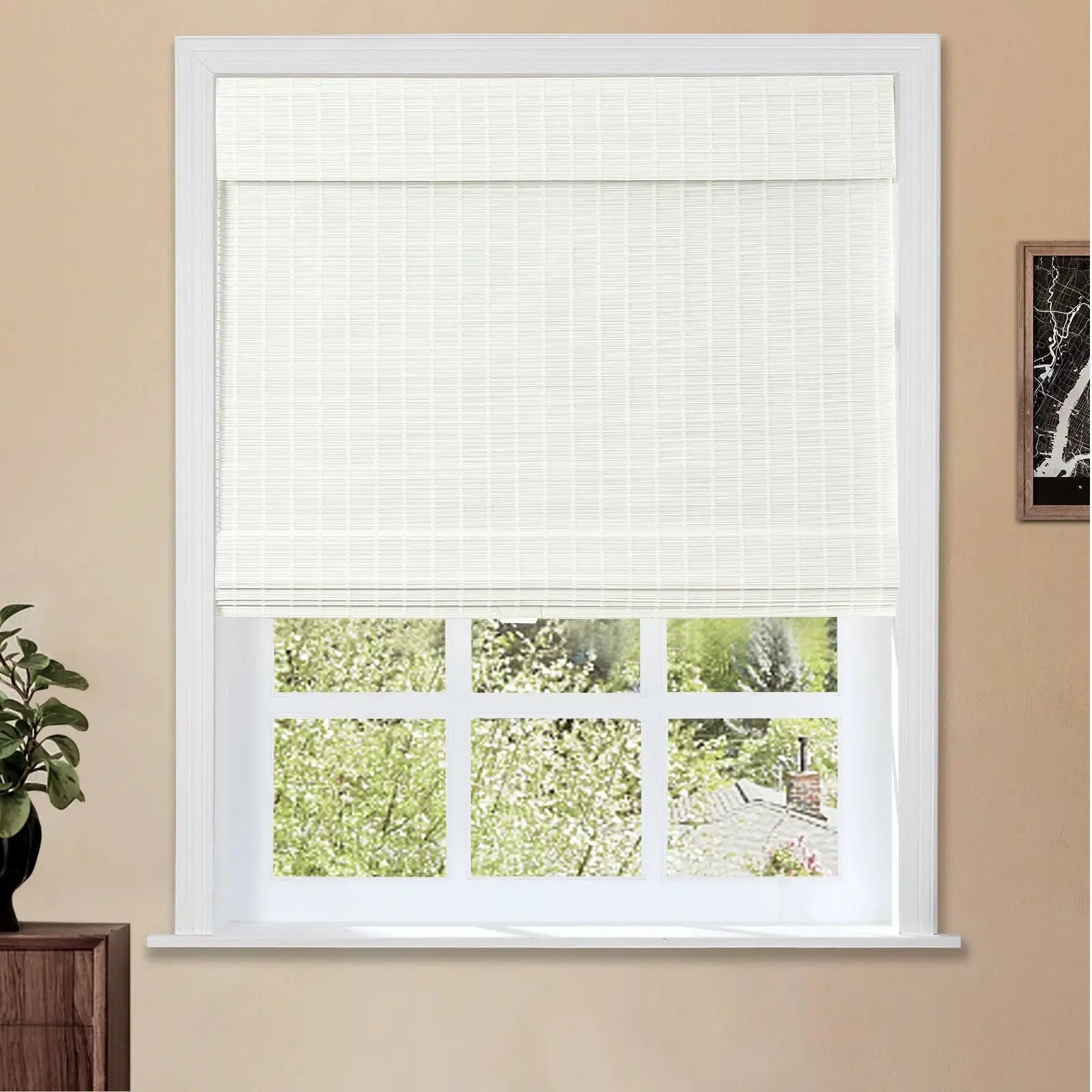 Sybil Bamboo Roman Shade - Natural Beige & White Window Treatment for Living Room, Bedroom & Office | Eco-Friendly Roller Blind for Privacy & Sun Protection