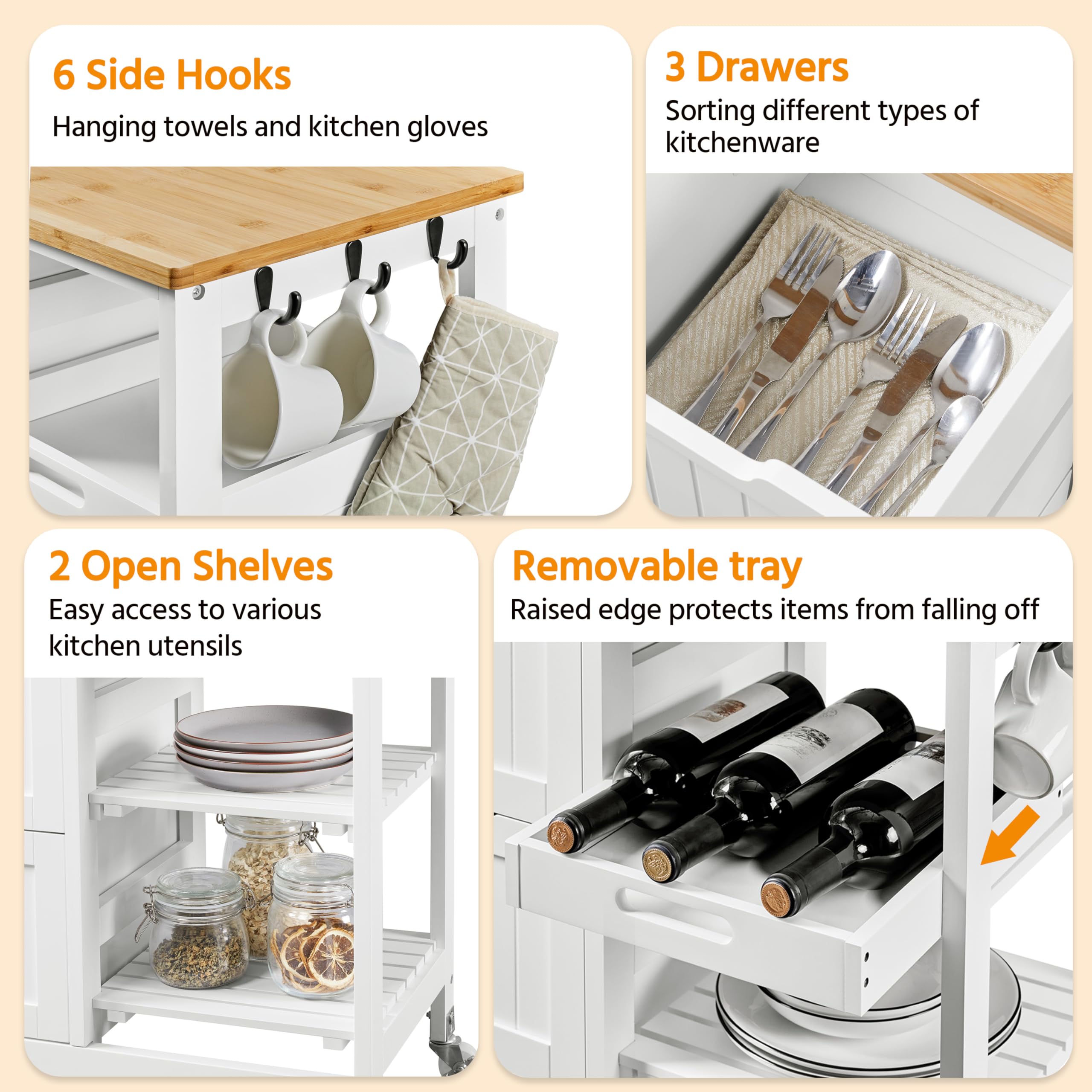 Yaheetech White Kitchen Island Cart with Bamboo Top - 3 Drawers & Shelves for Dining Room & Bar Storage