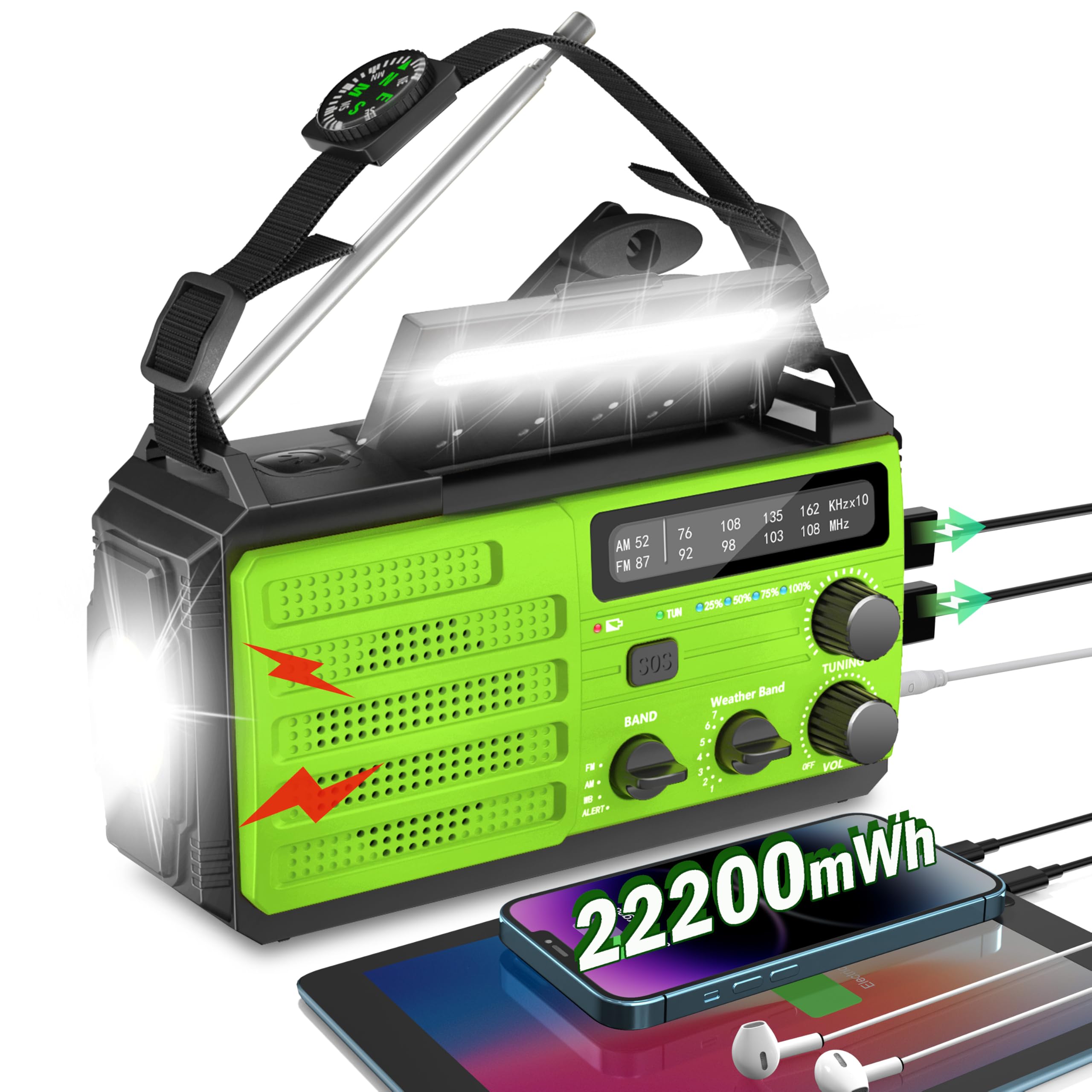 Solar Powered Emergency Radio - 22200mAh NOAA Weather Radio with AM/FM, Hand Crank Flashlight, SOS Alarm & Compass | Portable Survival Radio for Hurricanes, Winter Storms, Camping & Outdoor Adventures