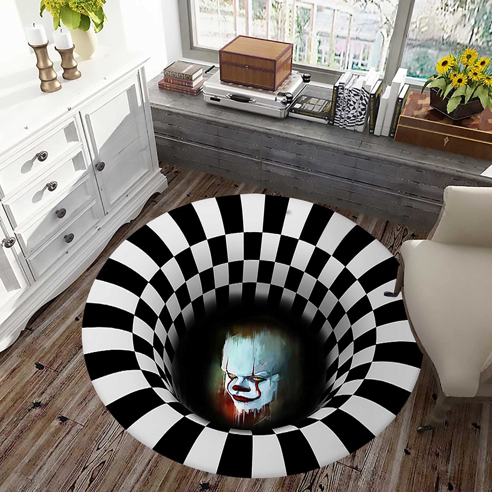 3D Vortex Geometric Pattern Round Rug - Black & White Plaid Illusion Area Rug - Modern Polyester Anti-Slip Washable Circle Carpet - 140cm Indoor Floor Mat for Living Room, Bedroom, Dorm & Office Decor
