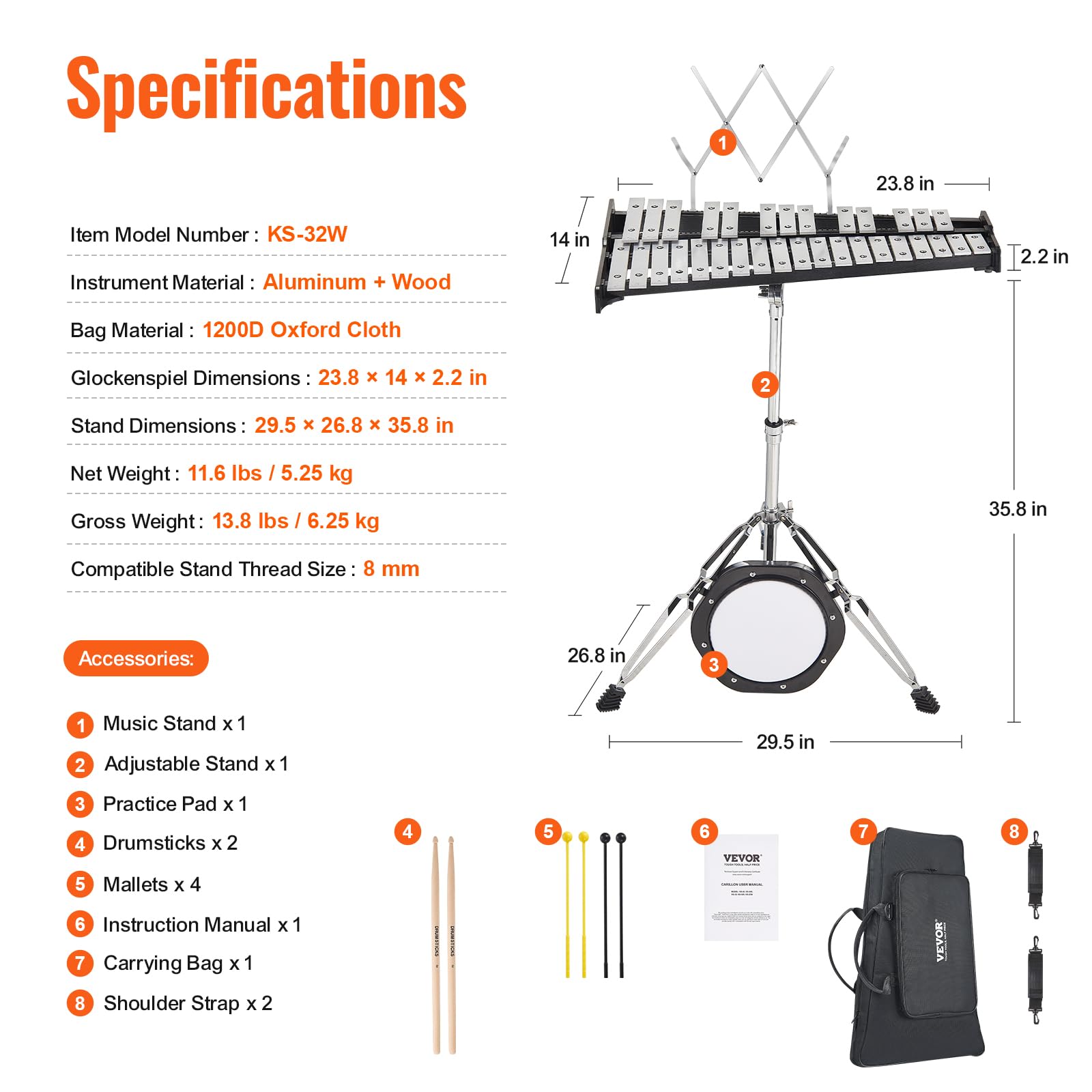 VEVOR 32-Note Glockenspiel Xylophone Bell Kit - Professional Percussion Instrument Set with Mallets, Drum Sticks, Music Sheet, 8
