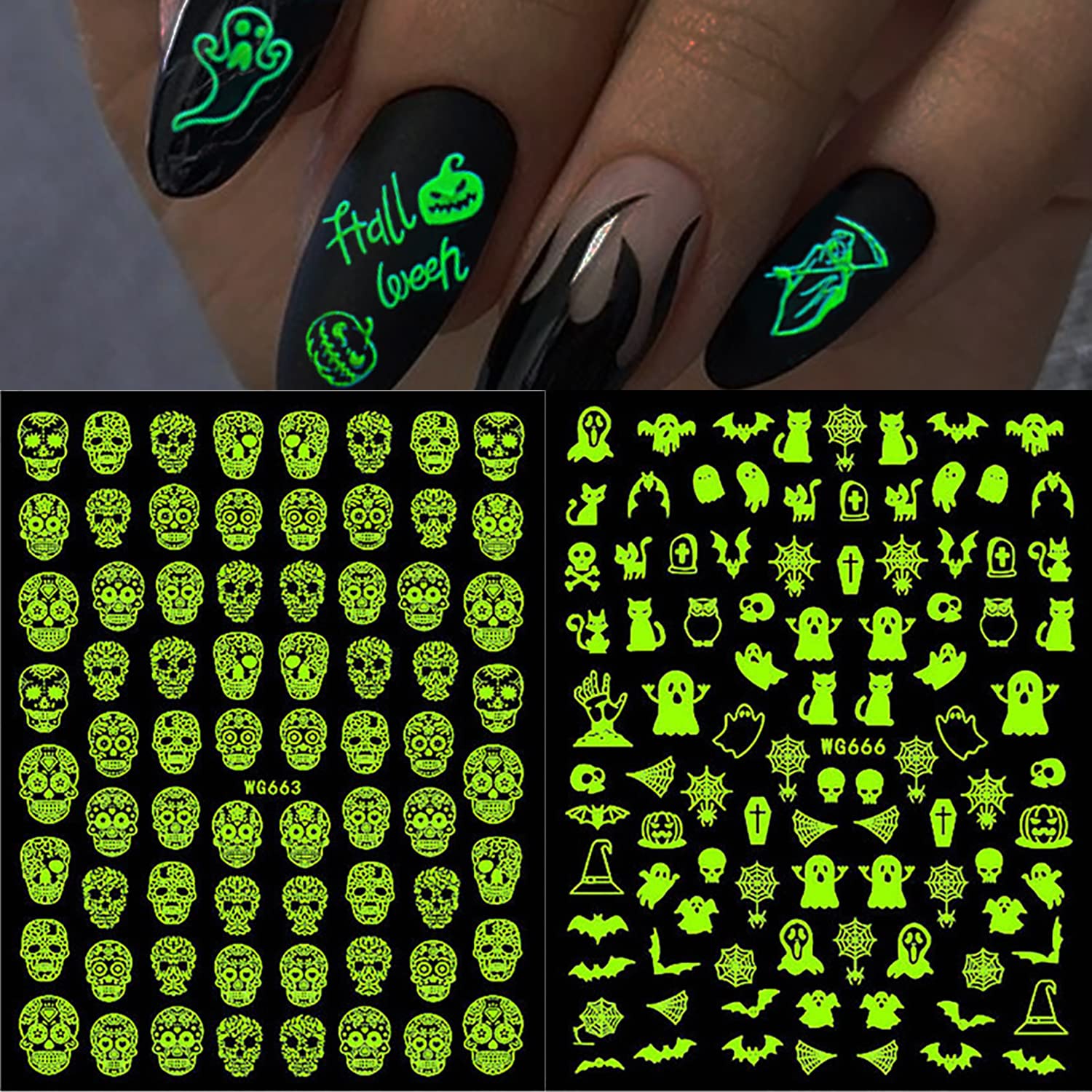 3D Halloween Nail Stickers - Glow in The Dark Skull Ghost Bat Self-Adhesive Nail Art Decals for Women, Girls & Kids (6Pcs) - Perfect for Halloween Parties, Nail Art Designs & DIY Nail Decorations
