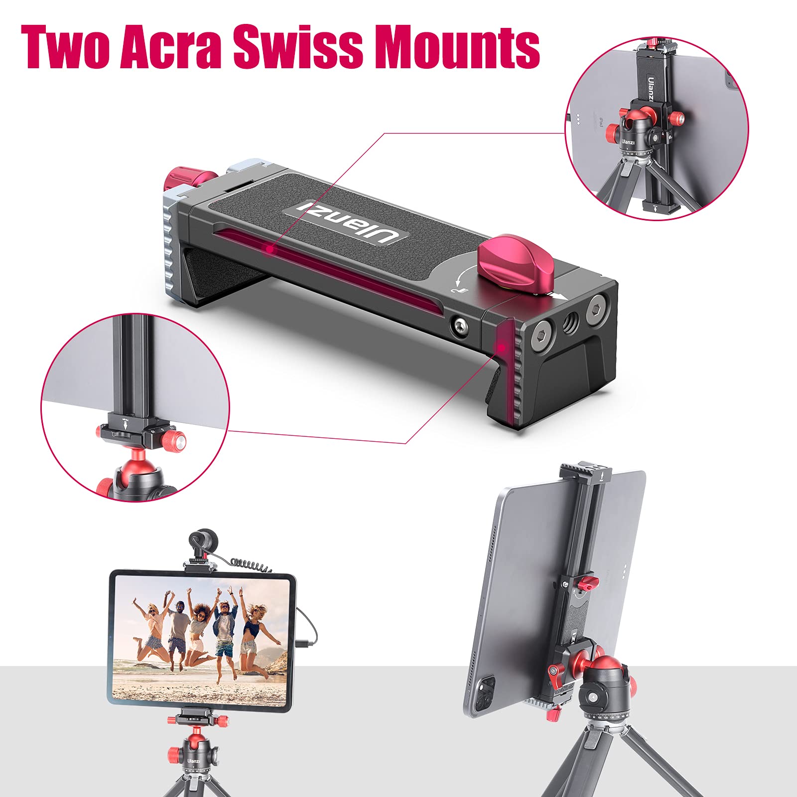 Universal Aluminum iPad Tripod Mount Holder - Adjustable U-pad III 7.9-12.9in Metal Tablet Clamp with Cold Shoe & 2 Arca Swiss QR Mounts for iPhone iPad Air Mini - Perfect for Video Recording, Live Streaming & Photography