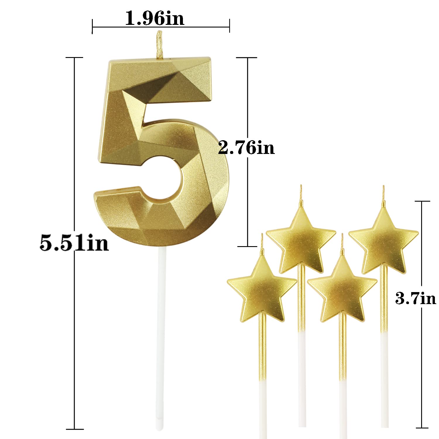 Golden Number 5 Birthday Candles & 3D Star Candles - 2.76 Inch Diamond Shaped Cake Decorations for Birthday Parties, Anniversaries, Baby Showers & Special Celebrations (Gold)