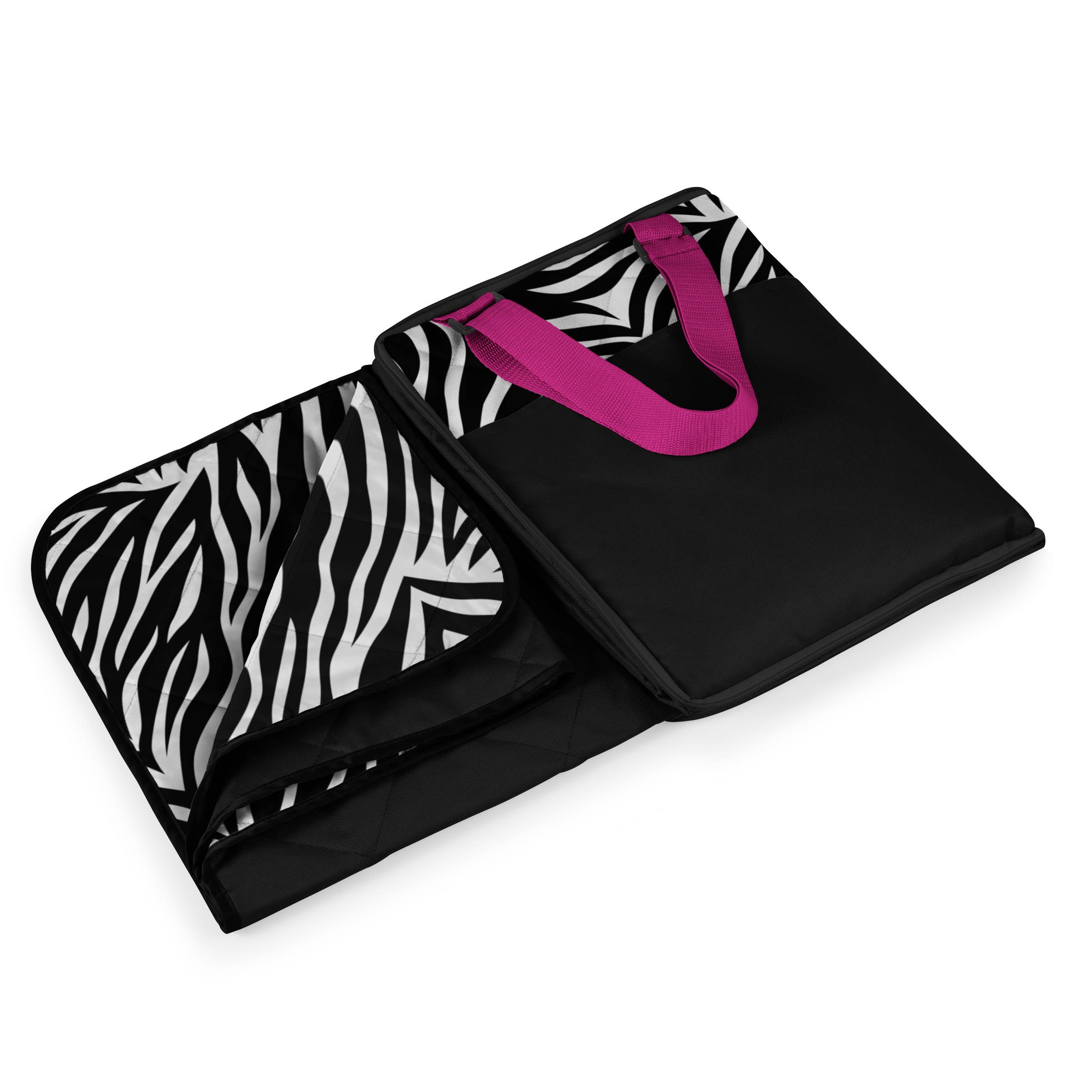 Picnic Time Vista Outdoor Picnic Blanket - Waterproof & Sandproof - Black with Zebra Print - Perfect for Beach, Park, Camping & Outdoor Activities