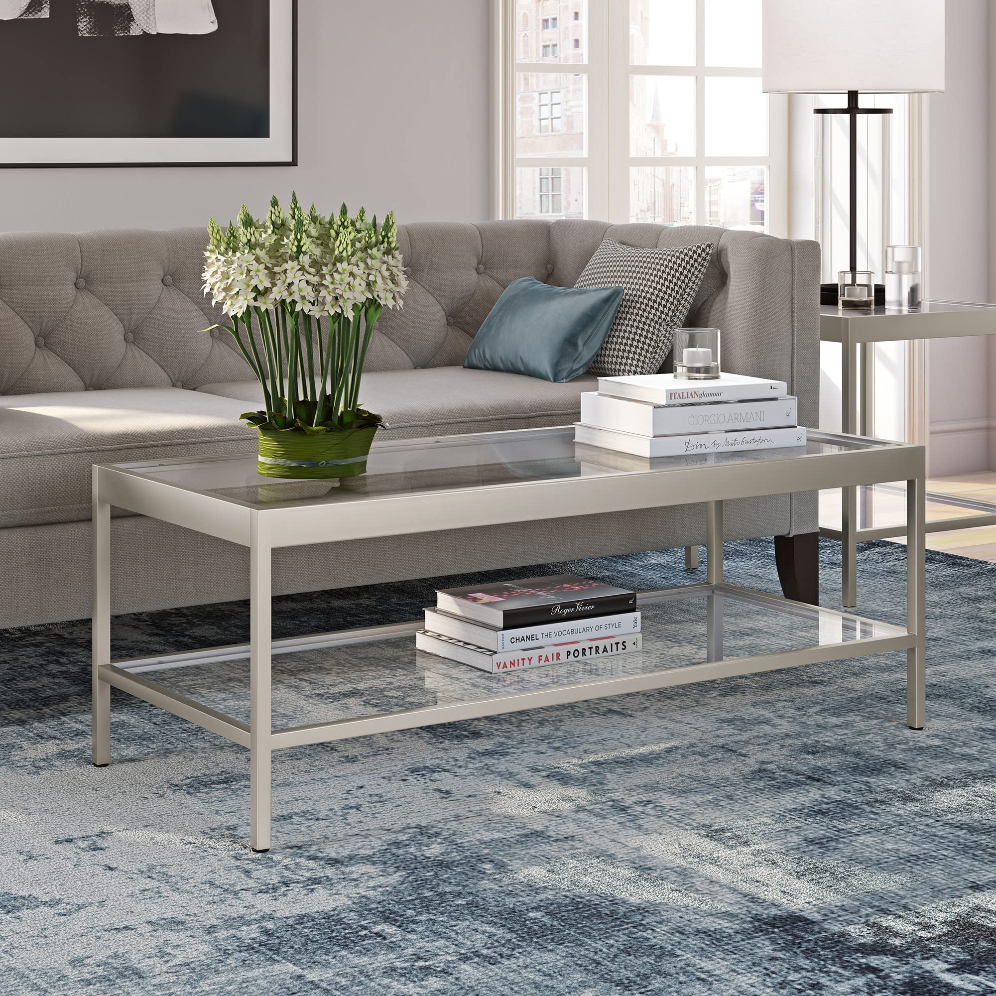 Alexis 45-Inch Wide Modern Rectangular Coffee Table in Nickel Finish - Perfect for Living Room, Lounge & Office Decor