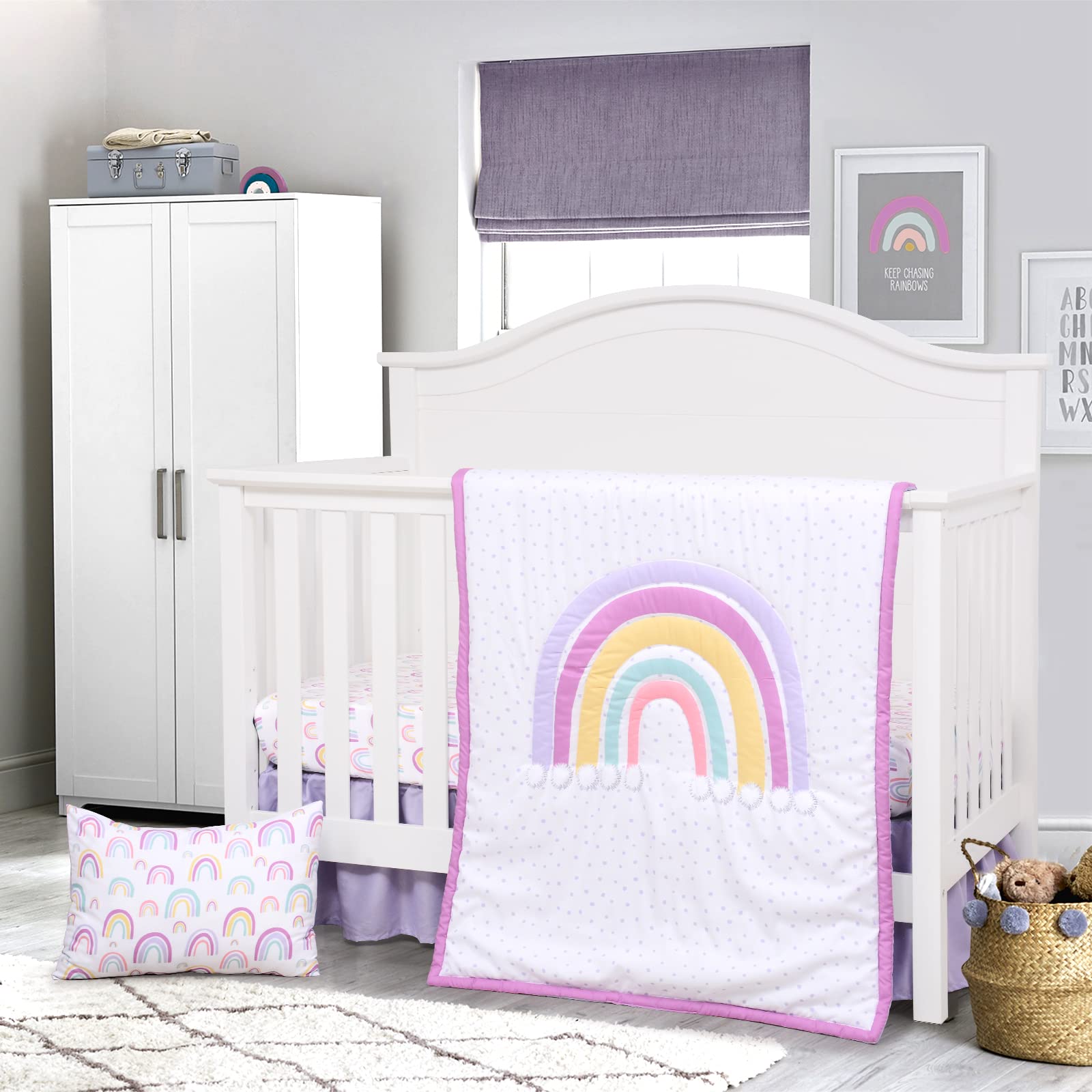 JISEN 4-Piece Baby Crib Bedding Set for Girls & Boys - Soft Nursery Bedding with Quilt, Fitted Sheet, Pillowcase & Crib Skirt - Rainbow Design for Safe & Comfortable Sleep