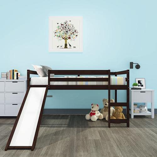 **Twin Loft Bed with Slide & Ladder for Kids & Toddlers - Wooden Low Profile Multifunctional Design - Perfect for Small Rooms, Playrooms & Sleepovers (Espresso)**