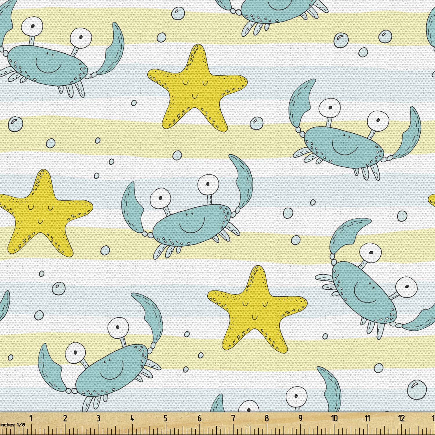 Ambesonne Marine Fabric by The Yard - Ocean Theme with Crabs, Starfish, Bubbles & Lines - Decorative Upholstery Fabric for Sofa, Curtains & Home Decor - 10 Yards Yellow Seafoam - Perfect for Coastal Living Rooms, Beach House Decor & Nautical Themed Bedrooms