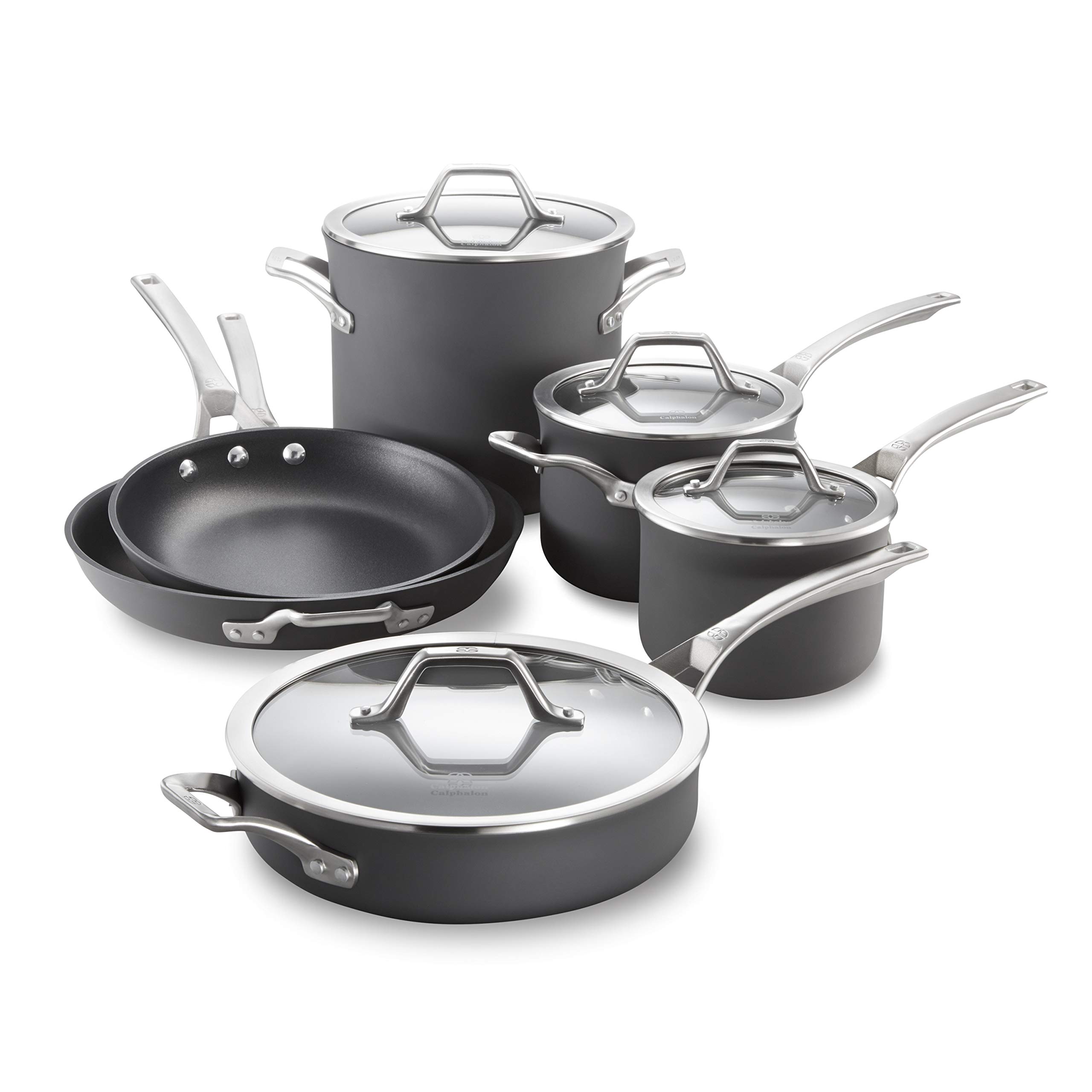 Calphalon 10-Piece Nonstick Cookware Set - Stainless Steel Handles, PFOA-Free Black Pots and Pans | Dishwasher & Metal Utensil Safe | Perfect for Home Cooking, Meal Prep & Professional Chefs