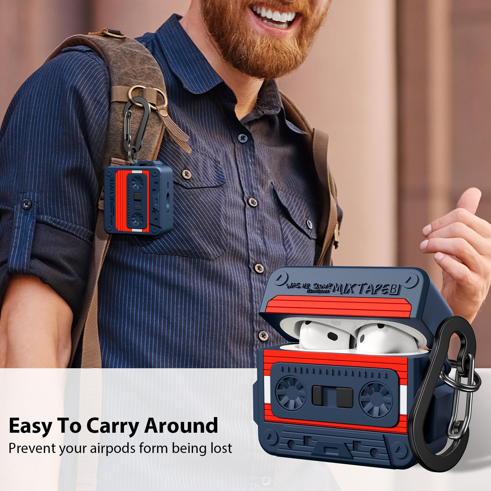 MOFREE AirPods 4 Case 2024 with Cleaning Kit & Keychain - Retro Cassette Tape Design Shockproof Silicone Protective Cover for AirPods 4th Generation (Blue/Red) - Perfect for Travel, Gym & Daily Protection