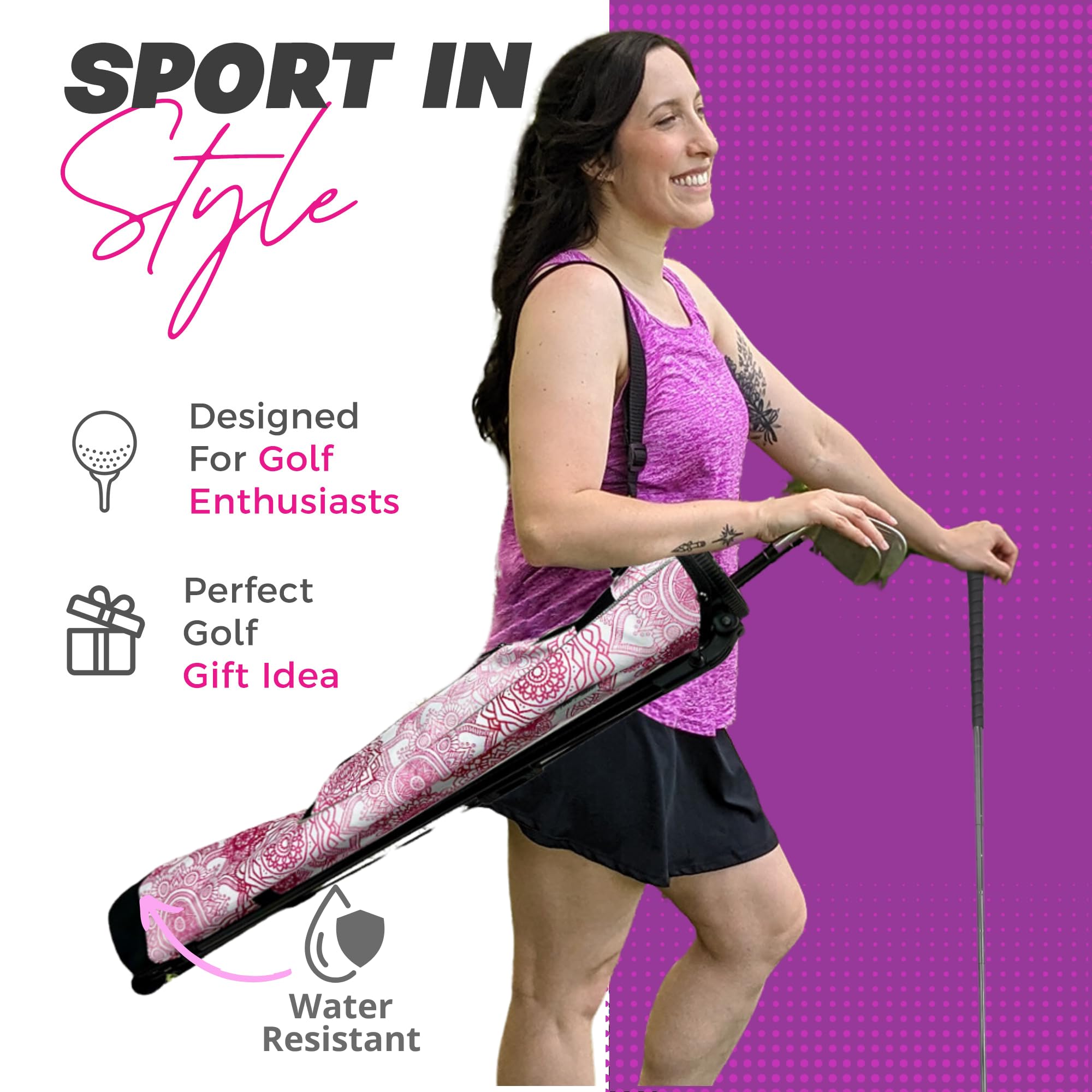 Women's Ultralight Sunday Golf Bag with Self-Flexing Stand & Adjustable Strap - Perfect for Par 3 & Executive Courses | Stylish Mandala Design | Ideal for Driving Range, Practice Sessions & Casual Golf Outings