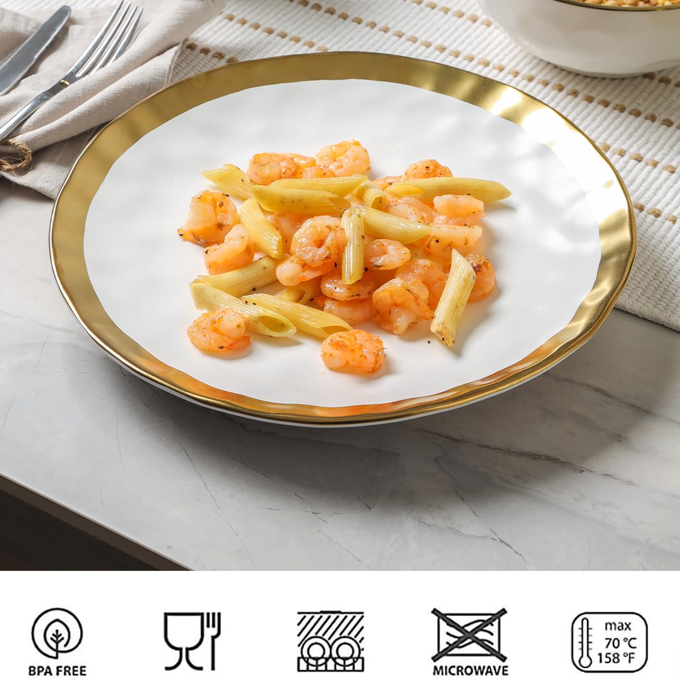 Vicrays 8 Inch Ceramic Dessert Salad Plates Set of 6 - Round Scratch Resistant Dishwasher Safe Appetizer Plates for Home & Restaurant Use - Elegant White with Gold Trim - Perfect for Dinner Parties, Weddings & Holiday Gatherings