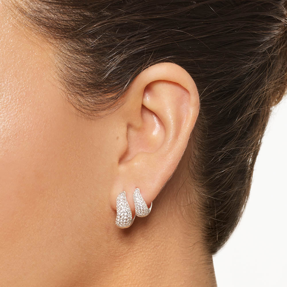 Sterling Silver Midi White Topaz Pave Wave Dome Huggie Earrings for Women - Elegant Everyday Jewelry for Work, Date Night & Special Occasions