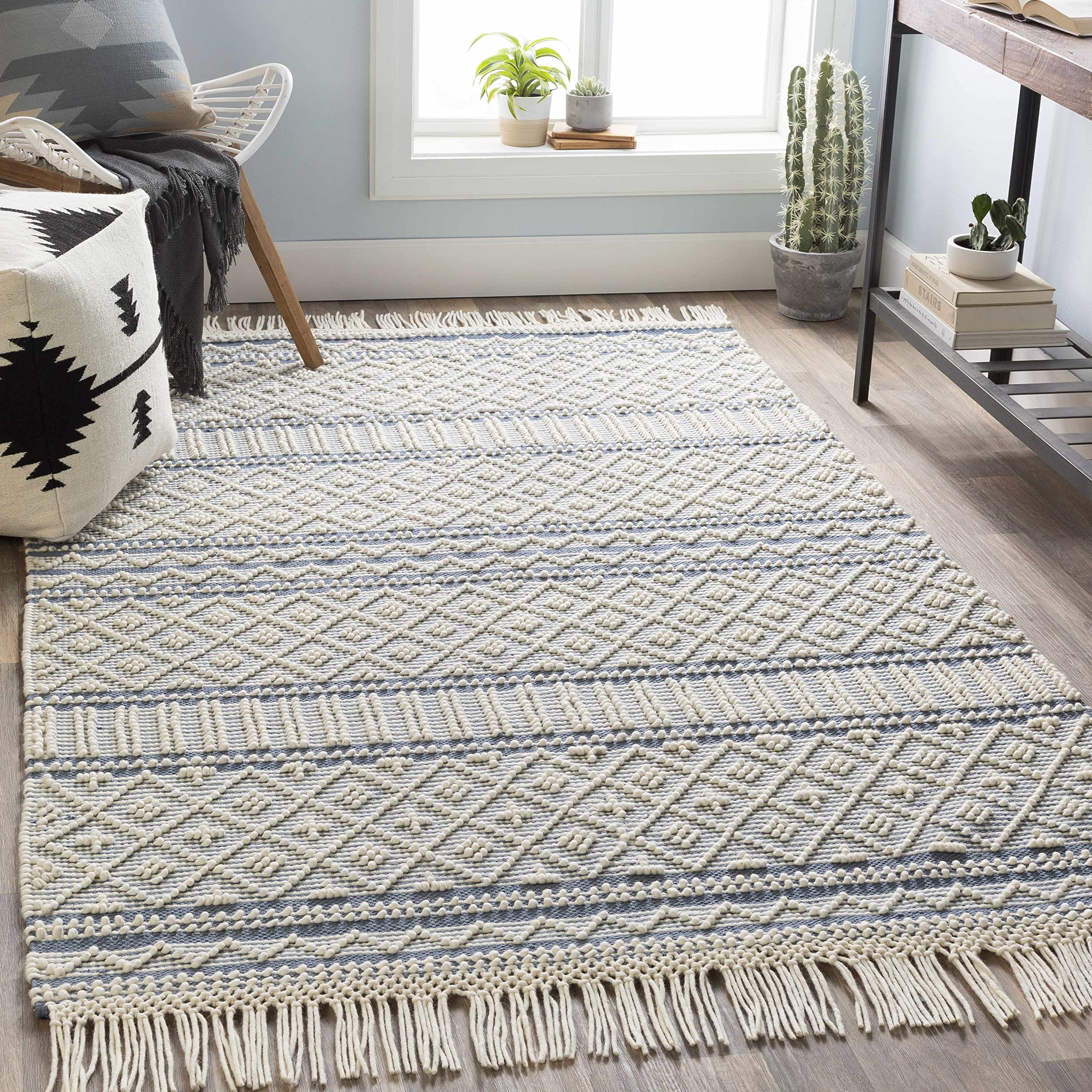 Hauteloom Nunnelly Wool Area Rug 2' x 3' - Traditional Transitional Design in Blue & White - Soft Living Room Bedroom Rug for Cozy Home Decor & Warm Floor Covering