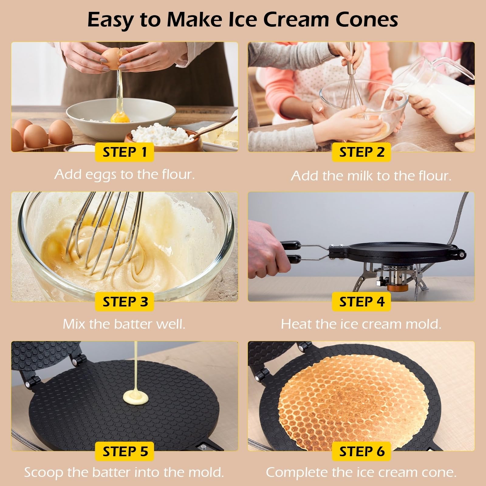 Dyna-Living Non-Stick Waffle Cone Maker - 8.66 Inch Aluminum Ice Cream Cone & Waffle Bowl Machine - Perfect for Homemade Crispy Cones, Egg Rolls & Dessert Bowls (Great for Parties, Ice Cream Shops & Home Baking)