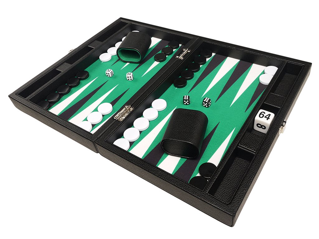 13-Inch Premium Backgammon Set - Compact Travel Size with Black Board & Green Playing Surface - Classic Black and White Points - Perfect for Travel, Parties & Family Game Nights