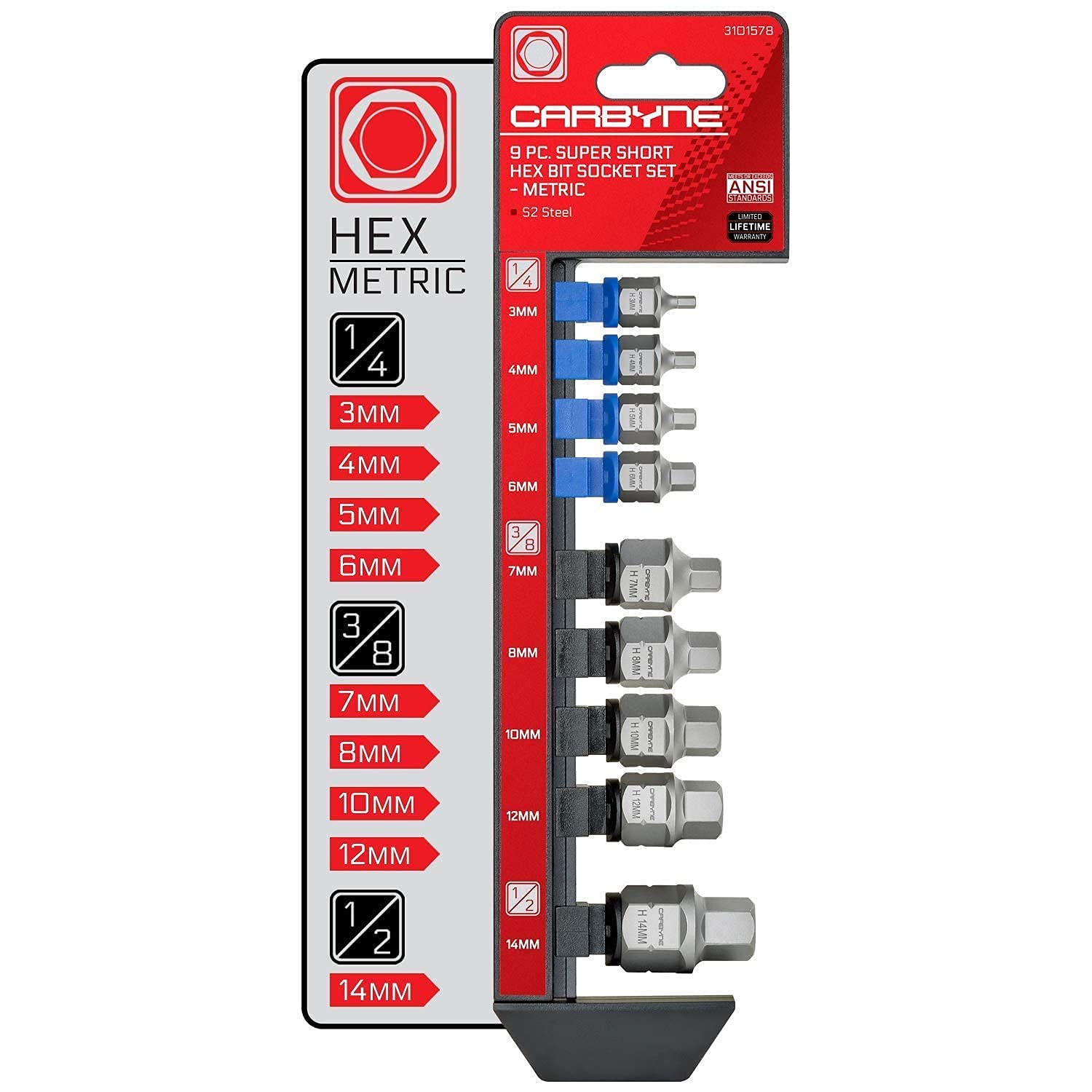 CARBYNE 3 Super Short Bit Socket Set - 9-Piece SAE Hex, 9-Piece Metric Hex & 12-Piece Torx Bit Set for Tight Spaces | Perfect for Automotive Repair, DIY Projects, and Professional Mechanics