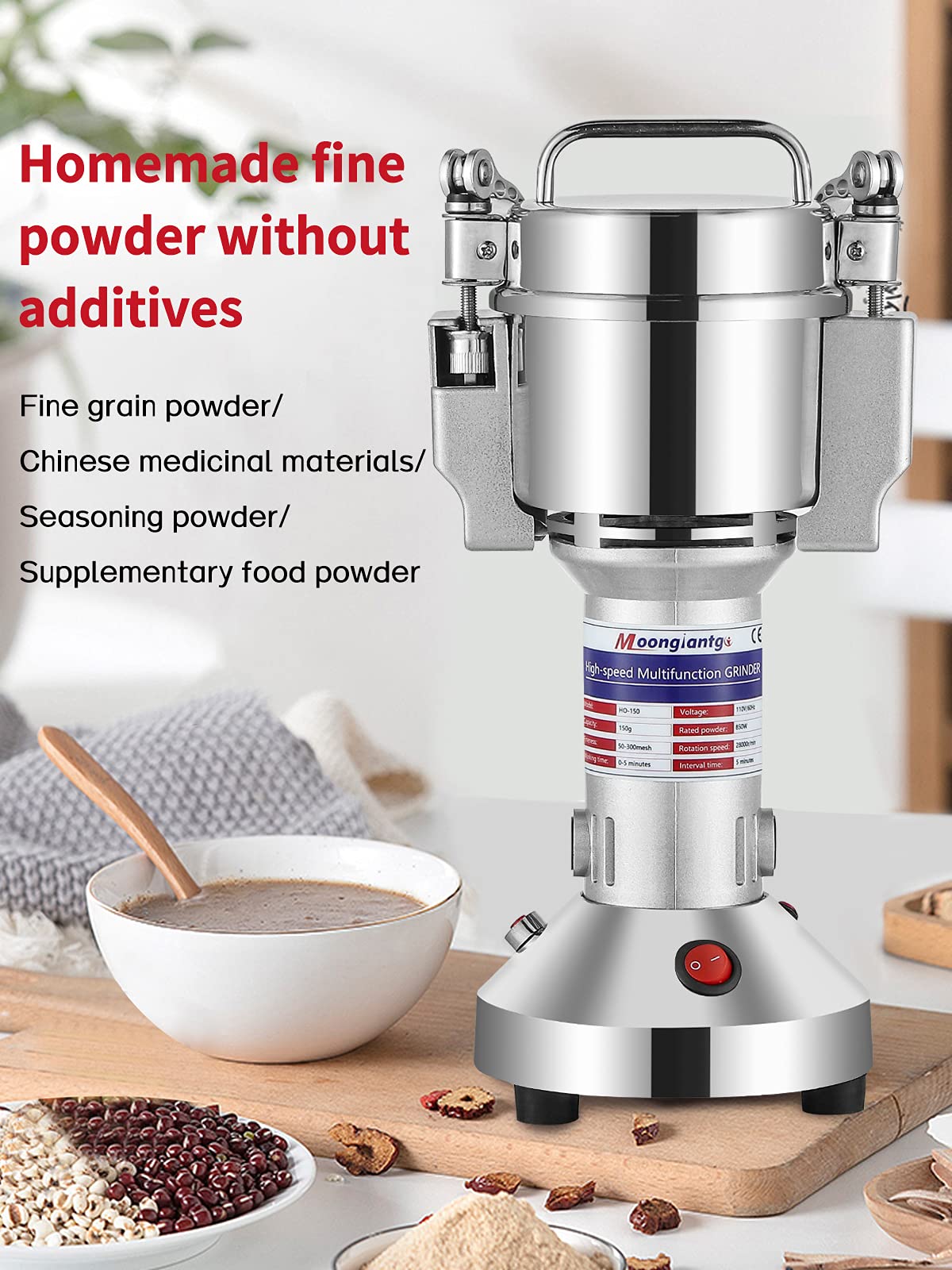 Moongiantgo 150g Electric Grain Grinder Mill - 220V Stainless Steel Herb & Spice Grinder, 50-300 Mesh Powder Machine for Cereal, Grains, Coffee, Nuts - Perfect for Home Kitchen & Commercial Use