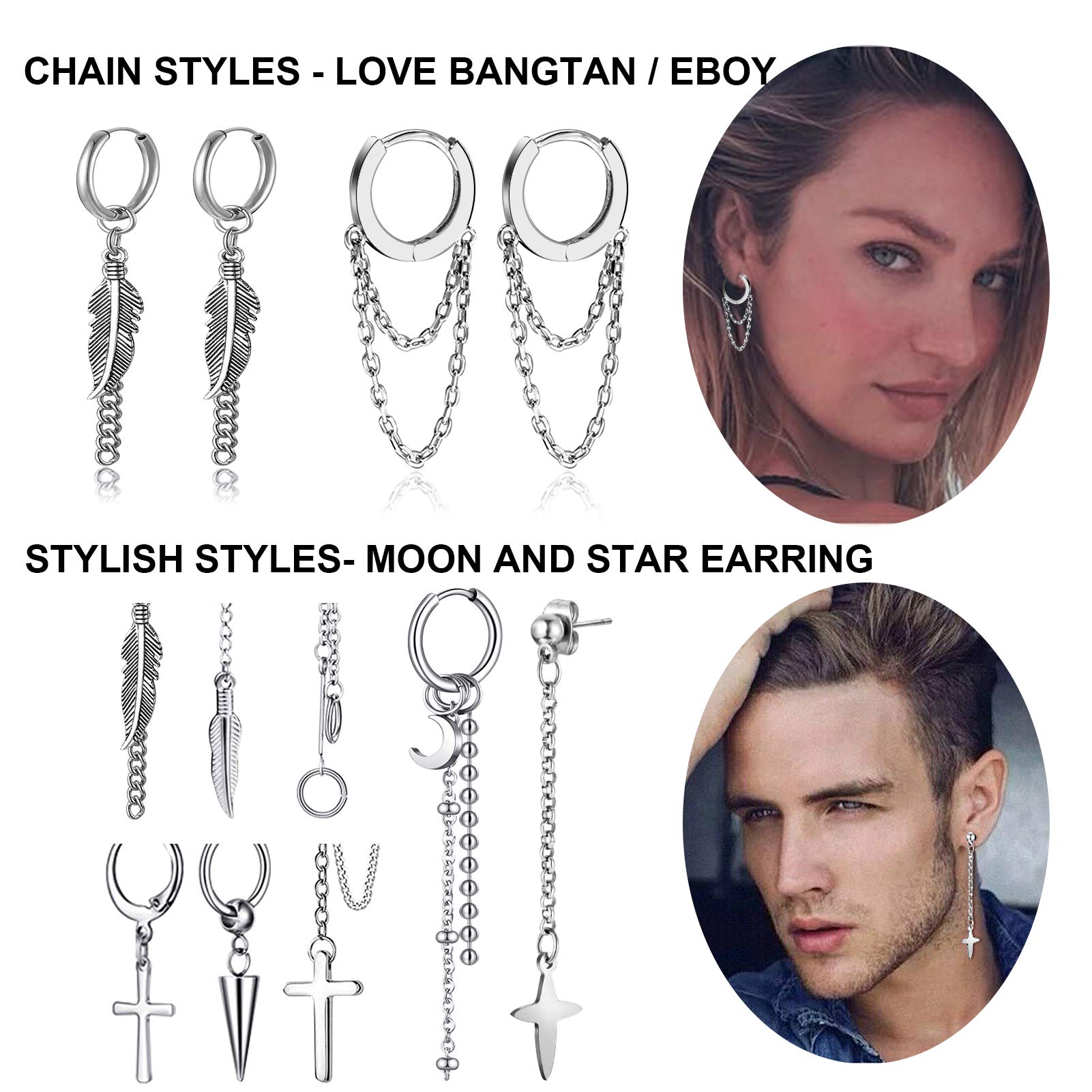 FIFATA 20 Pack Stainless Steel Men's Earrings Set - Black Chain Hoop, Cross, Moon & Star Dangle Earrings for Men & Women | Trendy Body Jewelry for Parties, Gifts & Everyday Wear